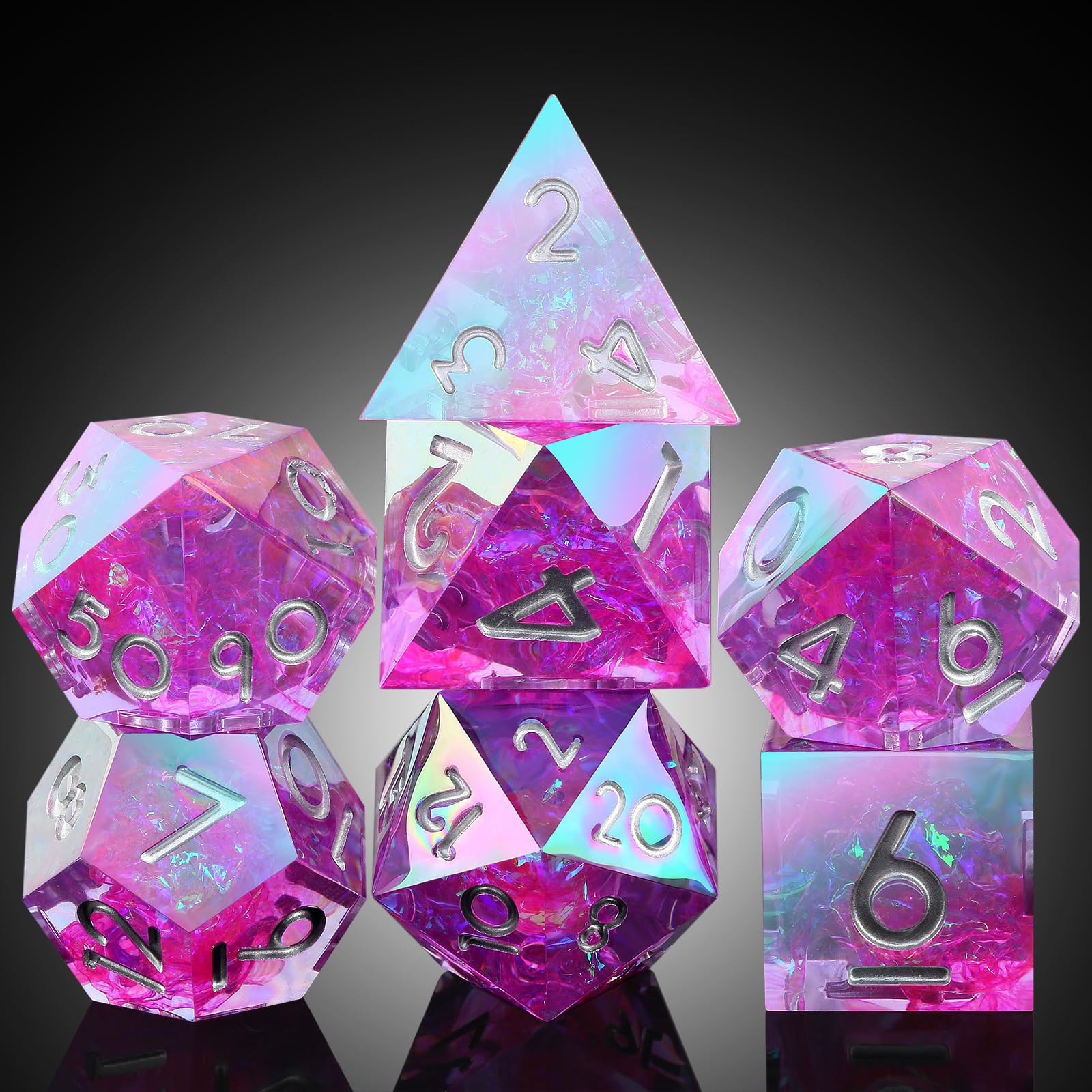 Iridescent Plating Purple Sharp D&D Dice, DNDND Handmade DND Resin Sharp Edge D&D Die with Gift Case for Dungeons and Dragon Tabletop Games (