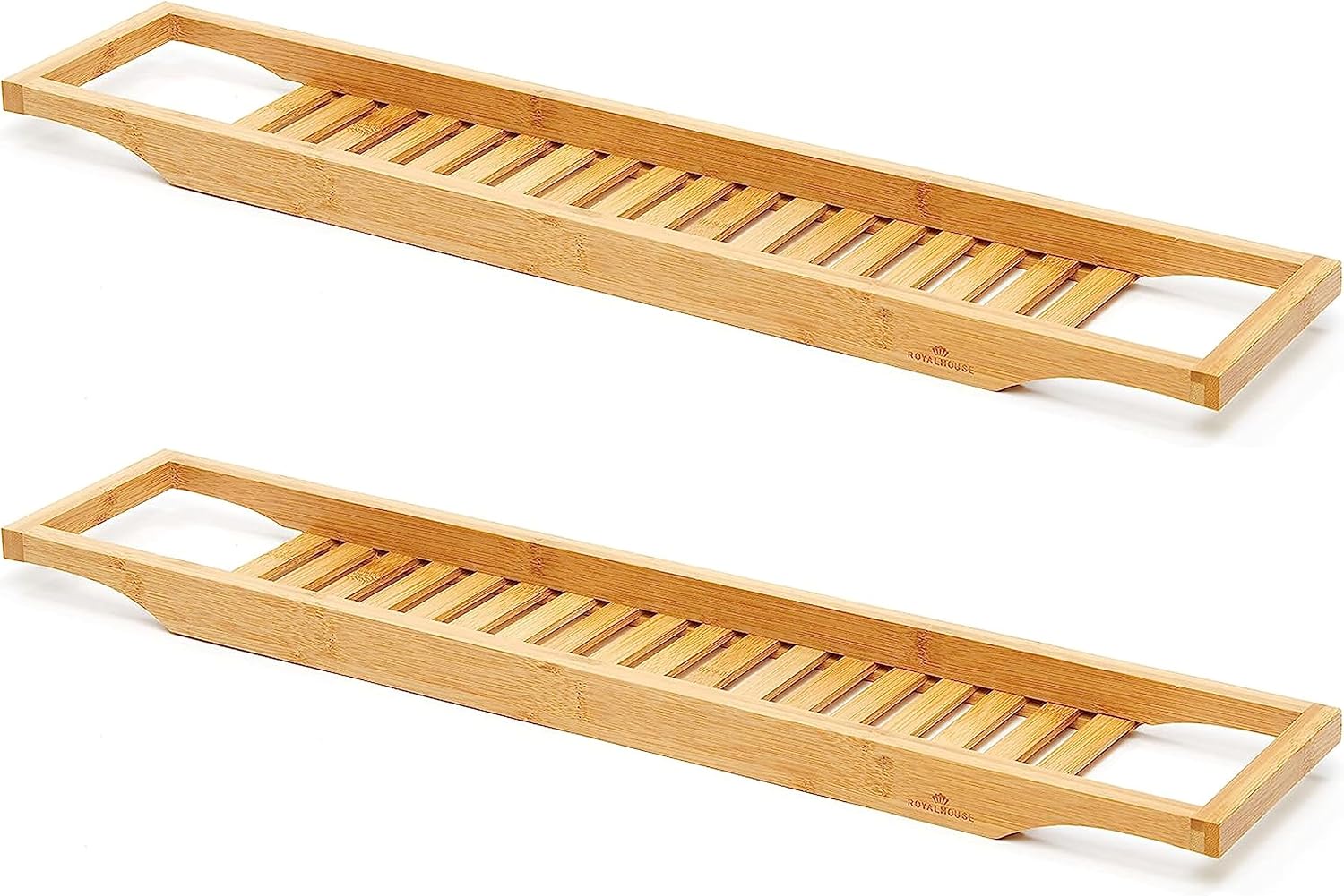 RoyalHouse Bamboo Bath Caddy Tray for Bathtub, with Book and Wine Glass Holder, Attractive Design, Suitable for Luxury Spa or Reading, Ideal Gift for Family & Friends (Pack of 2)