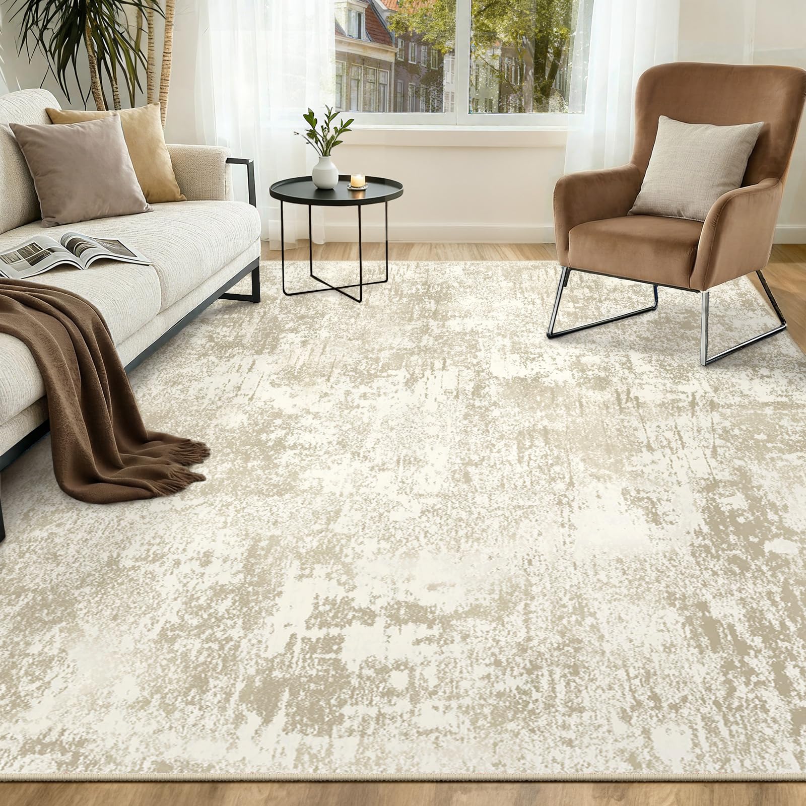 INOVADAY Washable Rugs Living Room 150x210 cm Modern Abstract Rug with Soft Low Pile Vacuum Friendly Non Slip Backing Minimalist Carpet for Lounge Bedroom Dining Room Home Office Beige