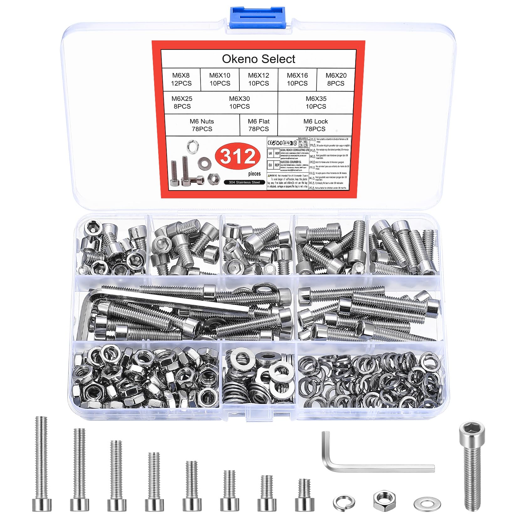 Okeno Select 312 Pcs M6 Screw Assortment Kit, Hex Socket Head Cap Machine Screws with Nuts Set, Stainless Steel Internal Hex Drive Bolts with Washers for Mechanical Maintenance
