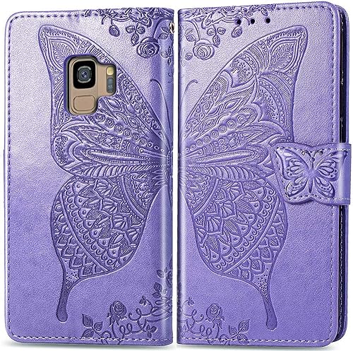 MEUPZZK Funda tipo cartera para Samsung Galaxy S9, piel sintética de alta calidad con diseño de flor de mariposa en relieve, función atril, ranuras