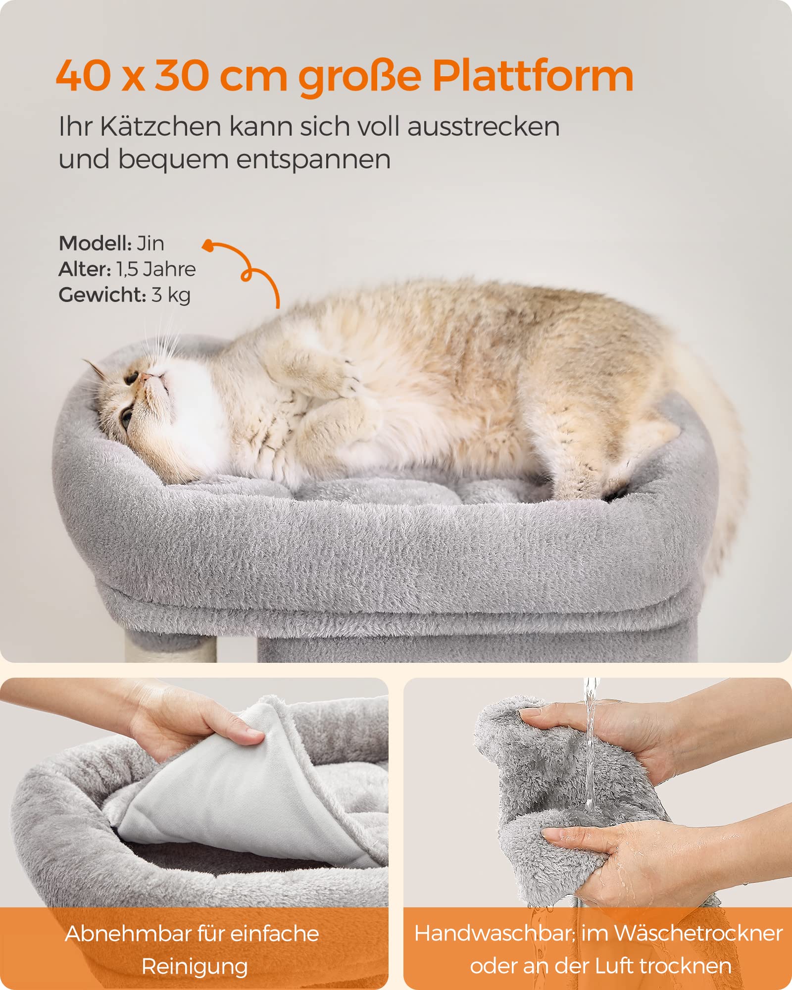 Feandrea Kratzbaum klein, 67 cm Katzenbaum, Katzenhaus für Kätzchen bis zu 3 kg, große Plattform, Sisalstämme, hellgrau PCT611W01
