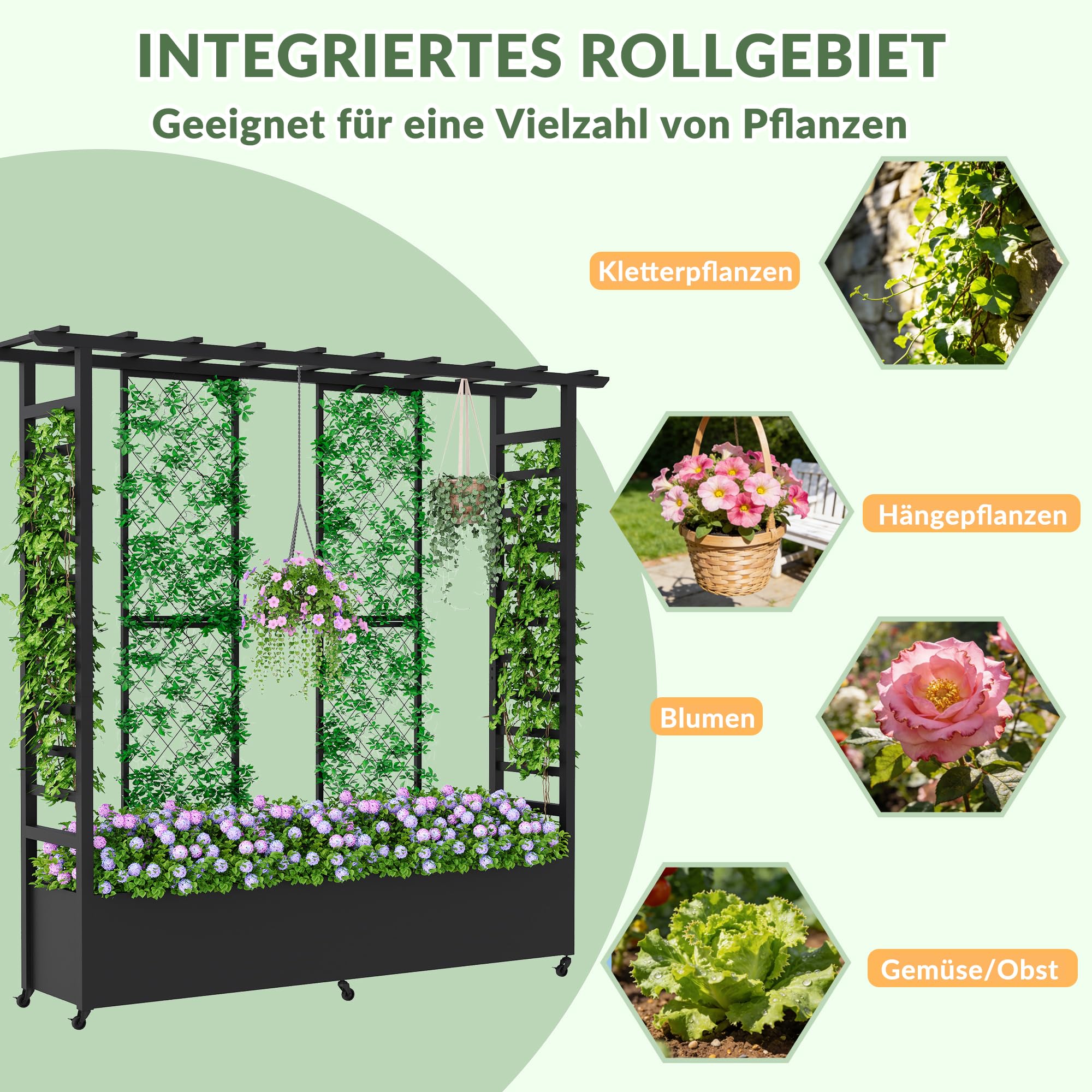 Hochbeet mit Rankgitter und Hängedach, freistehender Metall-Pflanzkasten mit Rollen, mobiler Pflanzkasten für drinnen und draußen für Kletterpflanzen, Blumen, für Garten, Terrasse und Hof