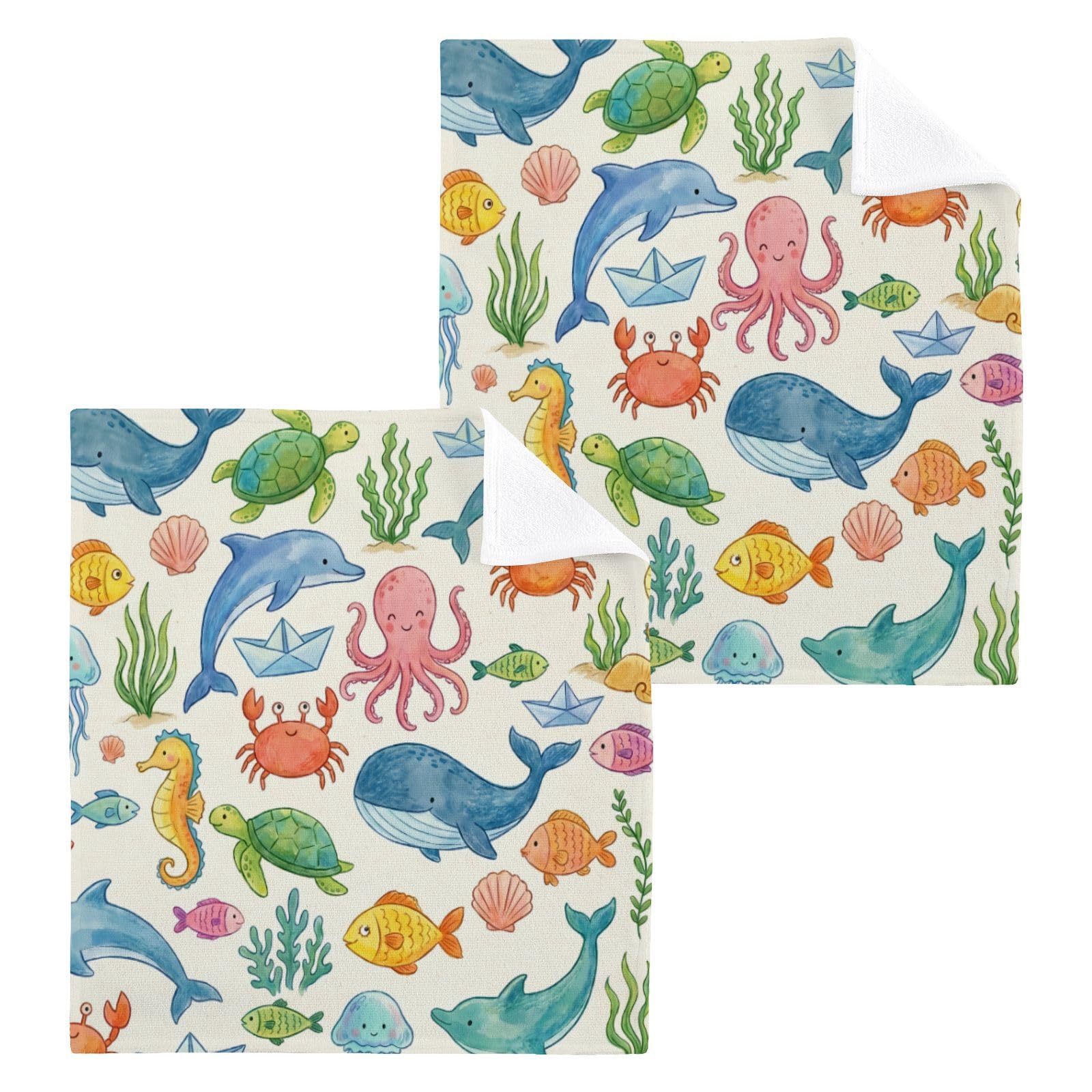 BOESI Cartoon Underwater Friends 12x12in Cotton Washcloth,Face Towel