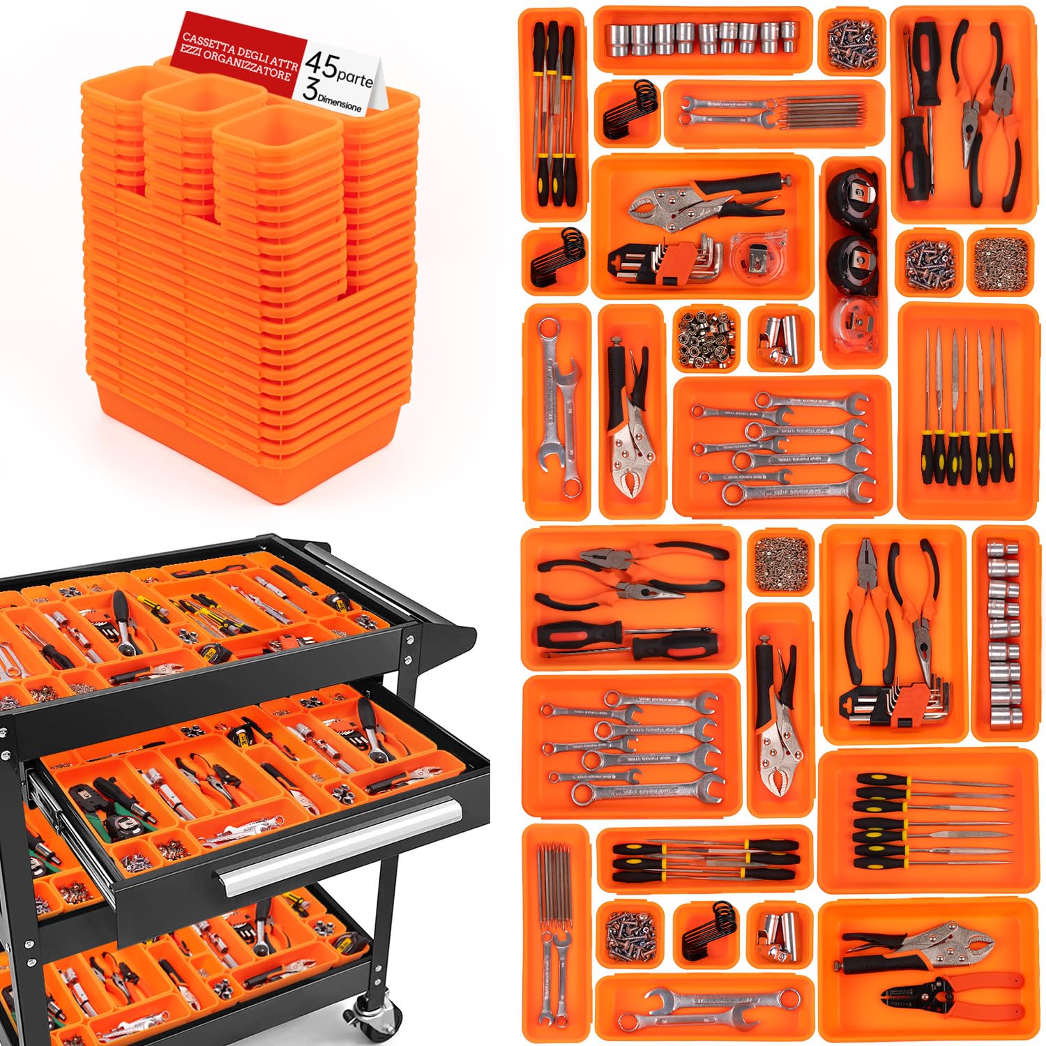 45 Pezzi Cassetta Attrezzi Organizer Cassetti, Per Viti Minuteria, Attrezzi Banco Da Lavoro, Scatole Vassoio Portaoggetti Organizzatore Cassetti Plastica, Per Carrello Porta Attrezzi, Garage - Arancia