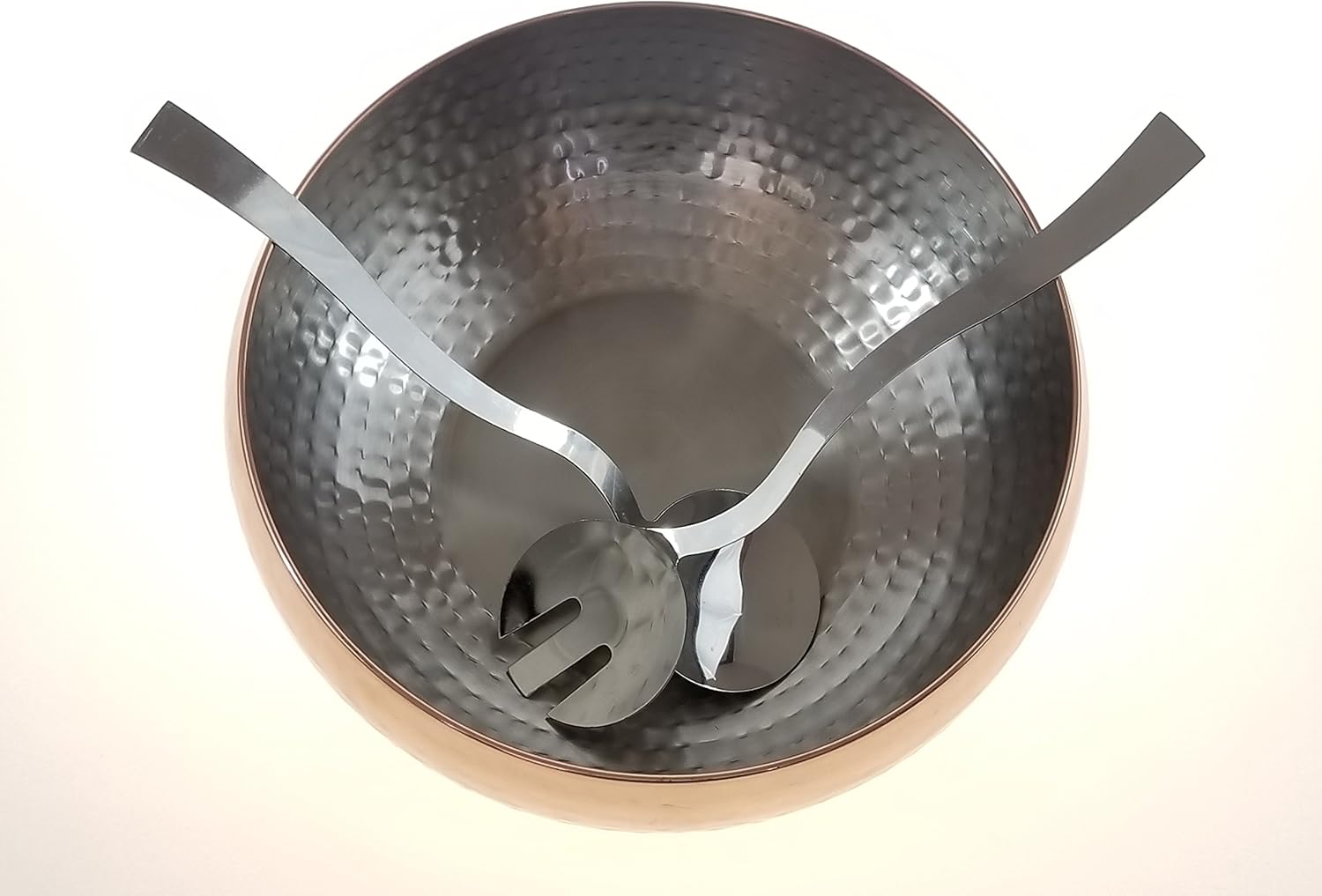 3pc Copper Accented Hammered Salad Bowl with 2 Serving Utensils - Complete With Matching Oversized Spoon and Fork - Use as a Salad Bowl, Fruit Bowl or Even For Pasta - Elegant and Stylish Serving Bowl