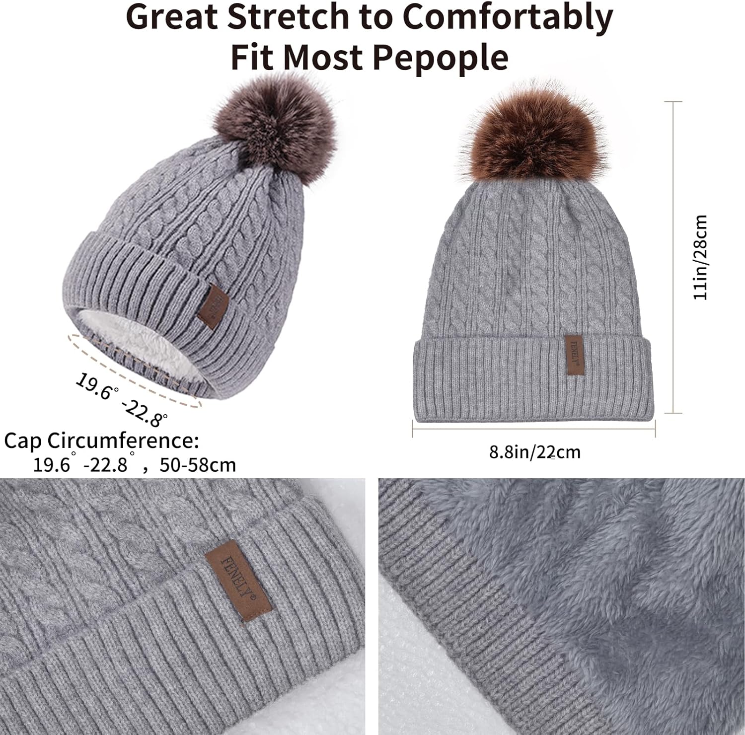 Winter Hat Scarf Gloves Set for Women, Classic Cable Beanie with Removable Pom Pom Long Scarf Touchscreen Gloves 3 in 1 Set - Image 5