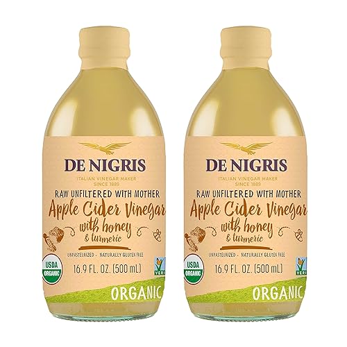 De Nigris Vinagre de sidra de manzana orgánico con miel y cúrcuma, crudo y sin filtrar 16,9 onzas (paquete de 2) Vinagre de sidra de manzana con