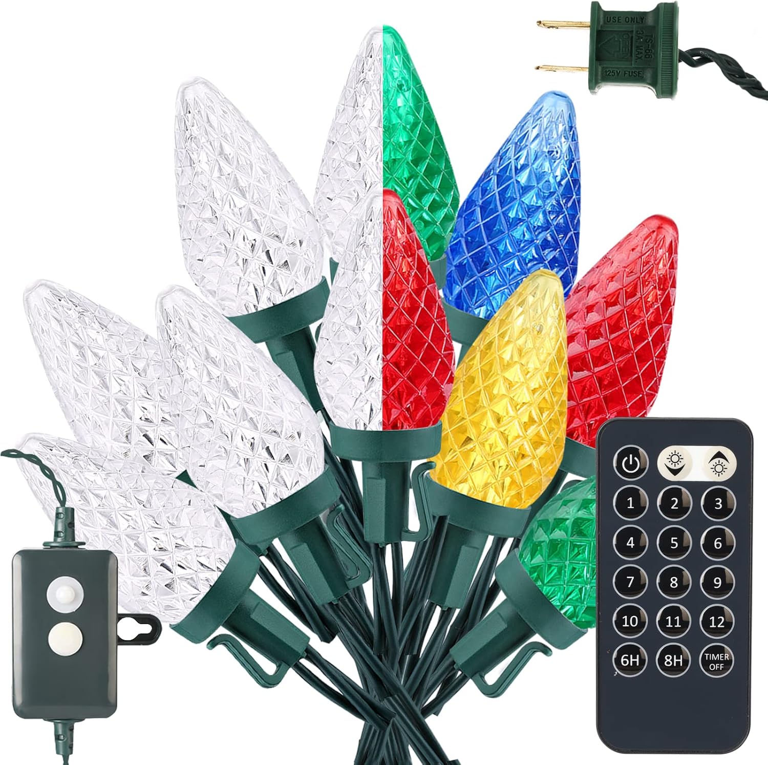 ODEETRONIC Cool White & Multicolor Christmas Lights, 33ft 50 LED C9