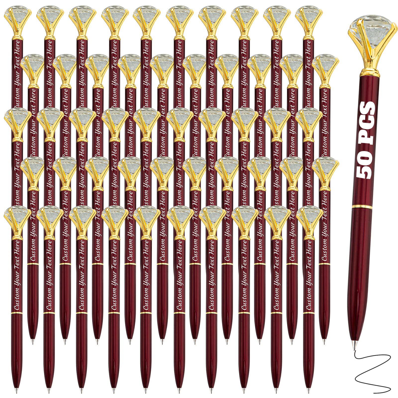 50 PCS Personalsed Diamond Pen in Bulk Custom Engraved Ballpoint Pens with Name Customized Black ink Pen for Wedding Anniversary Birthday or Graduation Gift-Wine Red
