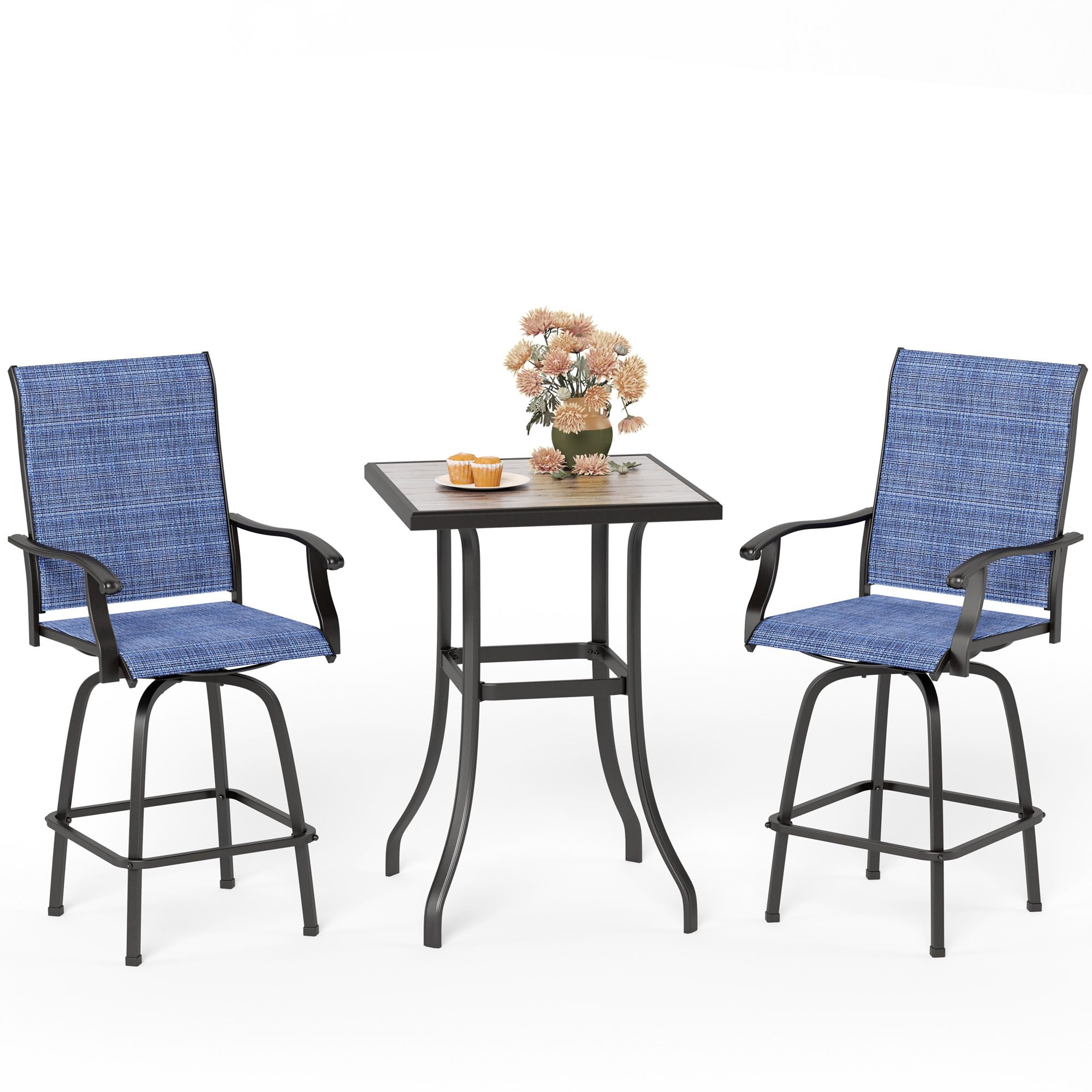 MFSTUDIO 3-Piece Bar Height Patio Table and Chairs, Navy Blue
