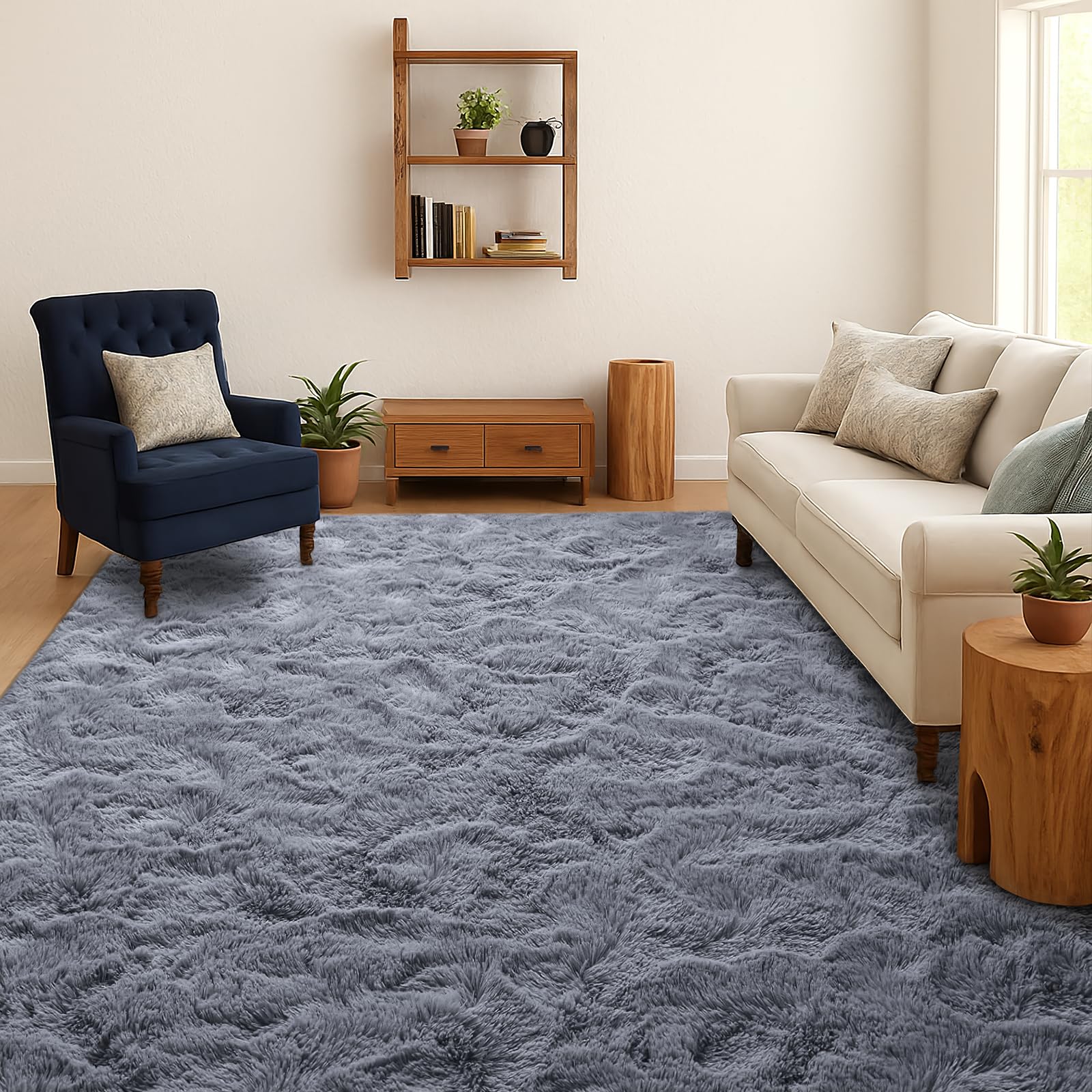 SOANNY Hochflor Wohnzimmer Teppich, Einfarbig Grau, Waschbar, Anti Rutsch, Flauschig Teppiche, Flauschige Moderne Matte für Schlafzimmer Kinderzimmer, 140 x 200 cm
