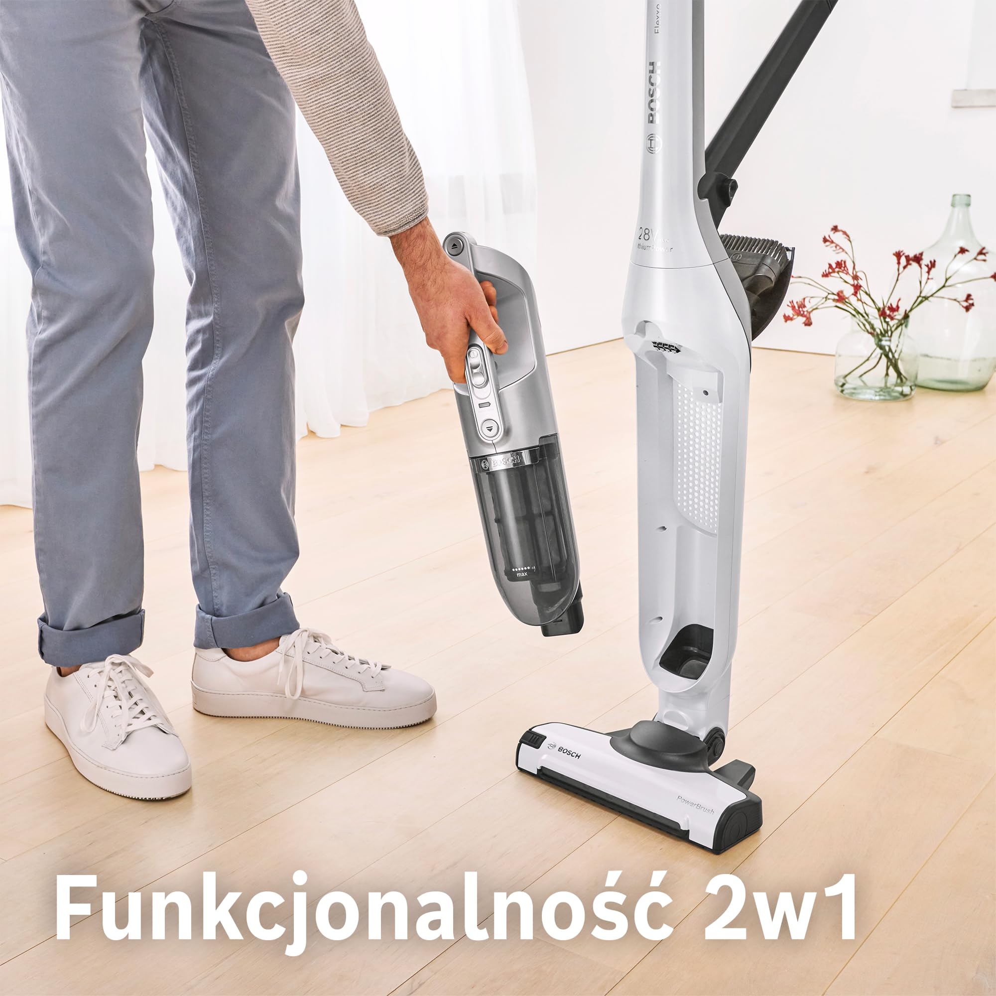Bosch, Flexxo Gen2 Serie 4, 28 Vmax, 2w1, bezprzewodowy, bezworkowy, odkurzacz ręczny i pionowy, zintegrowane akcesoria, polar white metallic, BBH3ALL28