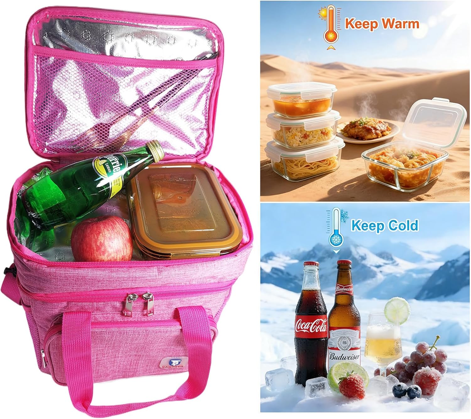 Insulated Lunch Box for Women, Double Decker Pink Lunch Bag Work Picnic Cooler Bag, Durable Leakproof Lunch Pail Camping Beach Food & Drink Thermal Box Outdoor Lunchbox Gifts, 14L (Rose) - Image 3