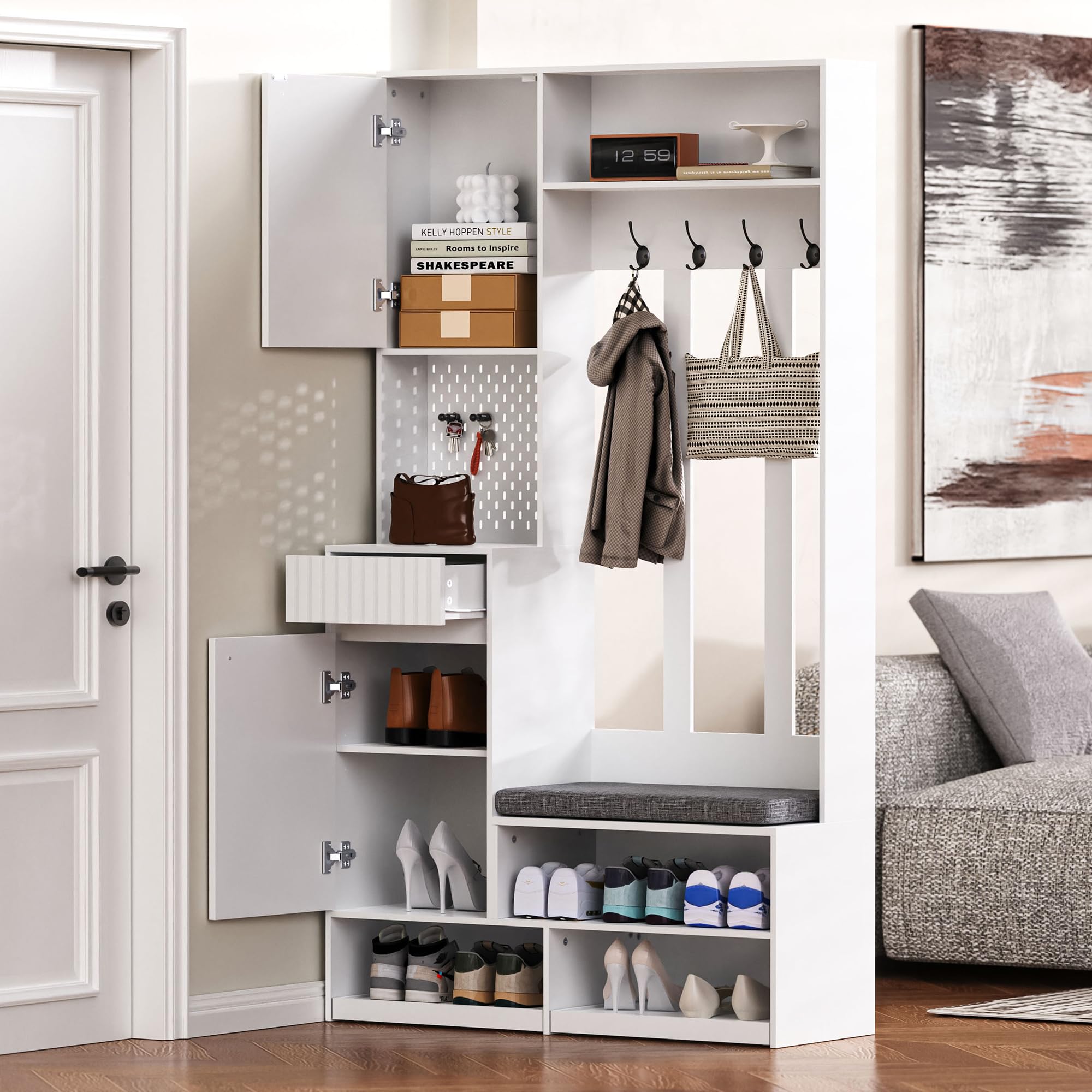 SogesHome Garderobenset mit Sitzbank, 4 Haken, Schubladen, Türen & Lochwand Flurgarderobe Weiß für Eingangsbereich 100 x 180 x 35 cm