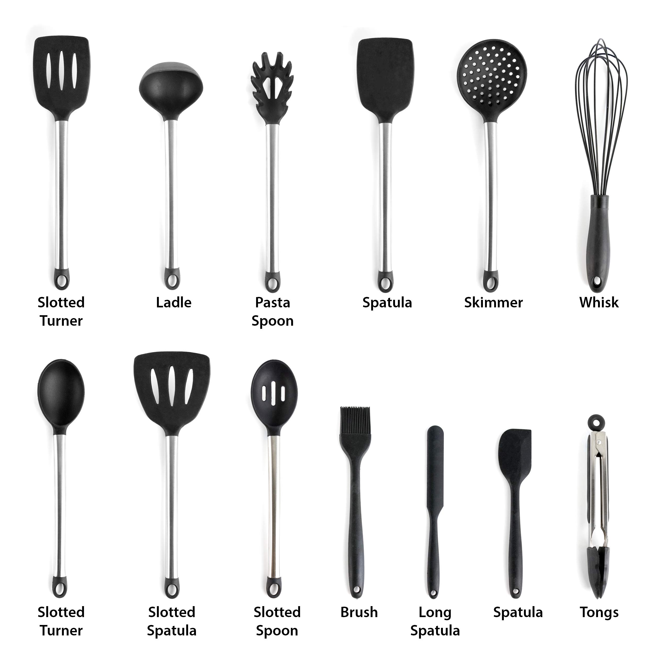 Megachef Silicone and Stainless Steel Cookware Utensilien Schwarzes Küchenutensilien-Set, Silikon, Grau und Edelstahl