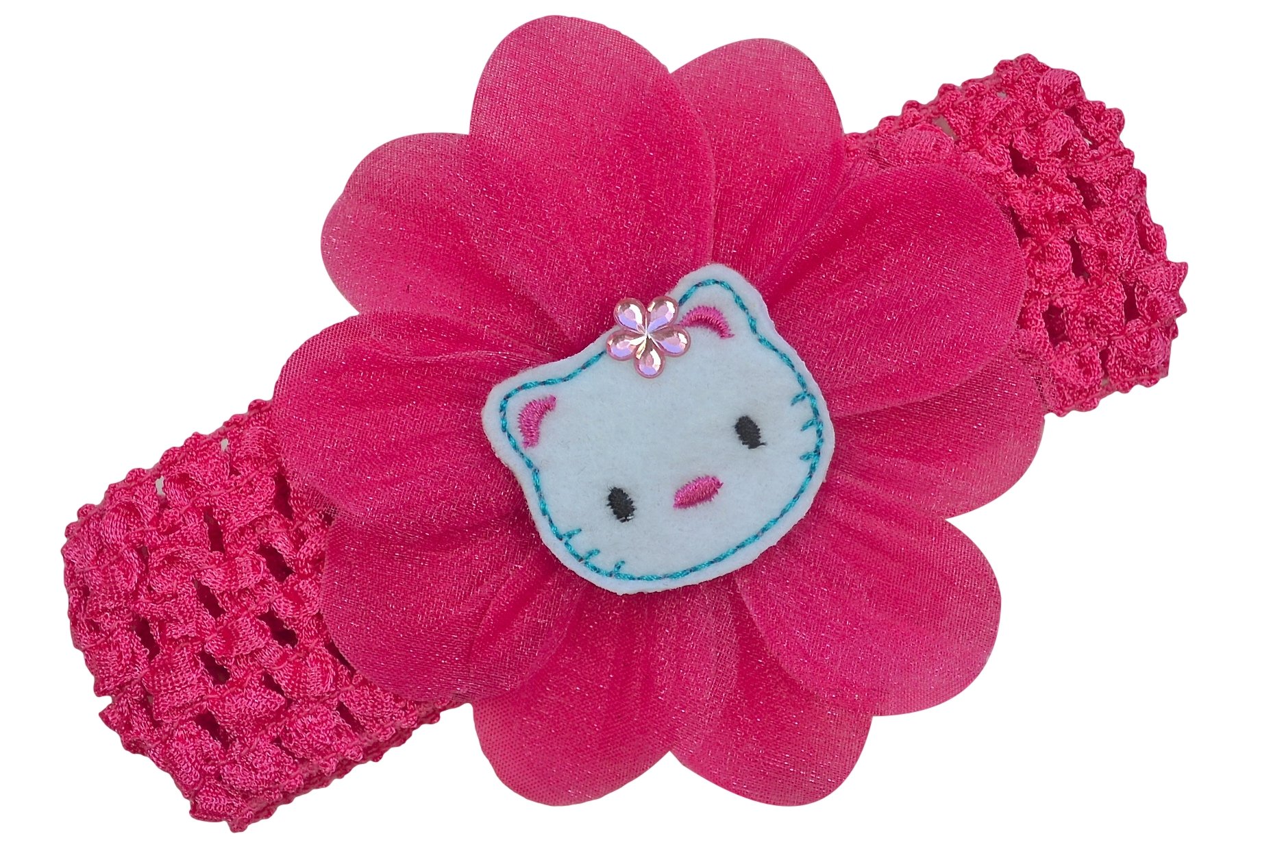Baby Girl Crochet Headband with Felt Kitty Silk and Organza Flower Funny Girl Designs (Hot Pink)