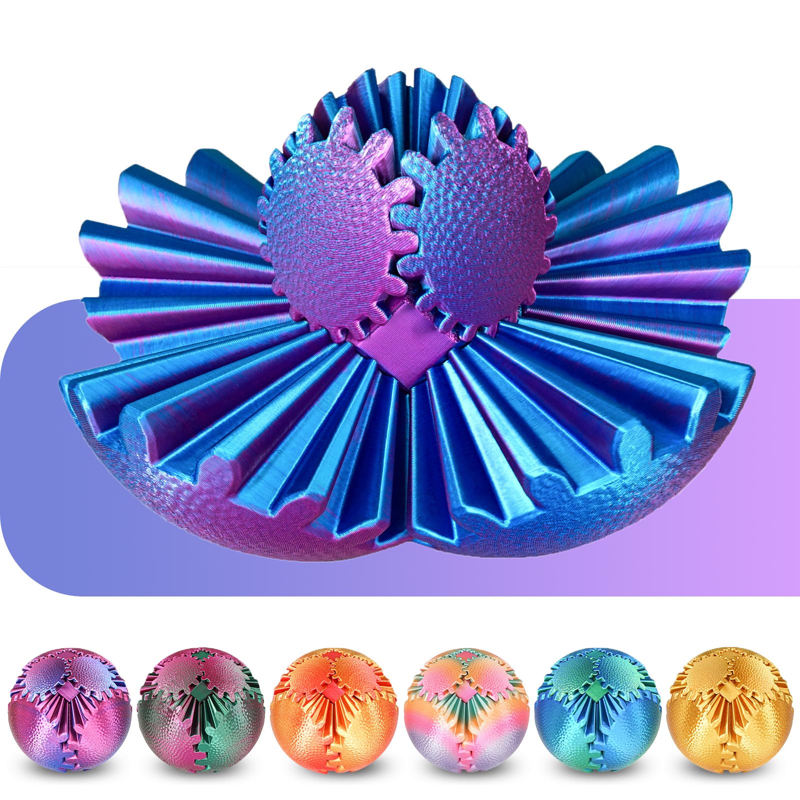 Gear Ball Fidget Toys Steampunk Gear Sphere 3D Printed Sensory Desk Fidget Stress Relief for Kids Teens Adults Birthday Stocking Filler Easter Basket Filler(Ombre Purple,8 cm)