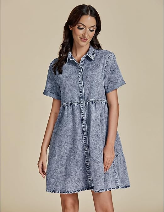 GRAPENT Shirt Jean Dress Summer Dresses for Women 2025 Party Casual Elegant Spring Dresses for Women House Going Out Baggy Cotton Maternity Denim Dress Color Bay Blue Oversized Large Size 12 Size 14 thumbnail 3