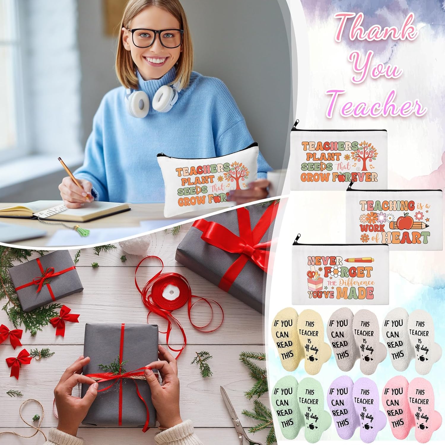 Paterr 24 Pcs Teacher Appreciation Gifts for Women Bulk Including Socks Makeup Bags Keychain Metal Bookmark for Valentine's Day(Heart Teaching,Fleece)