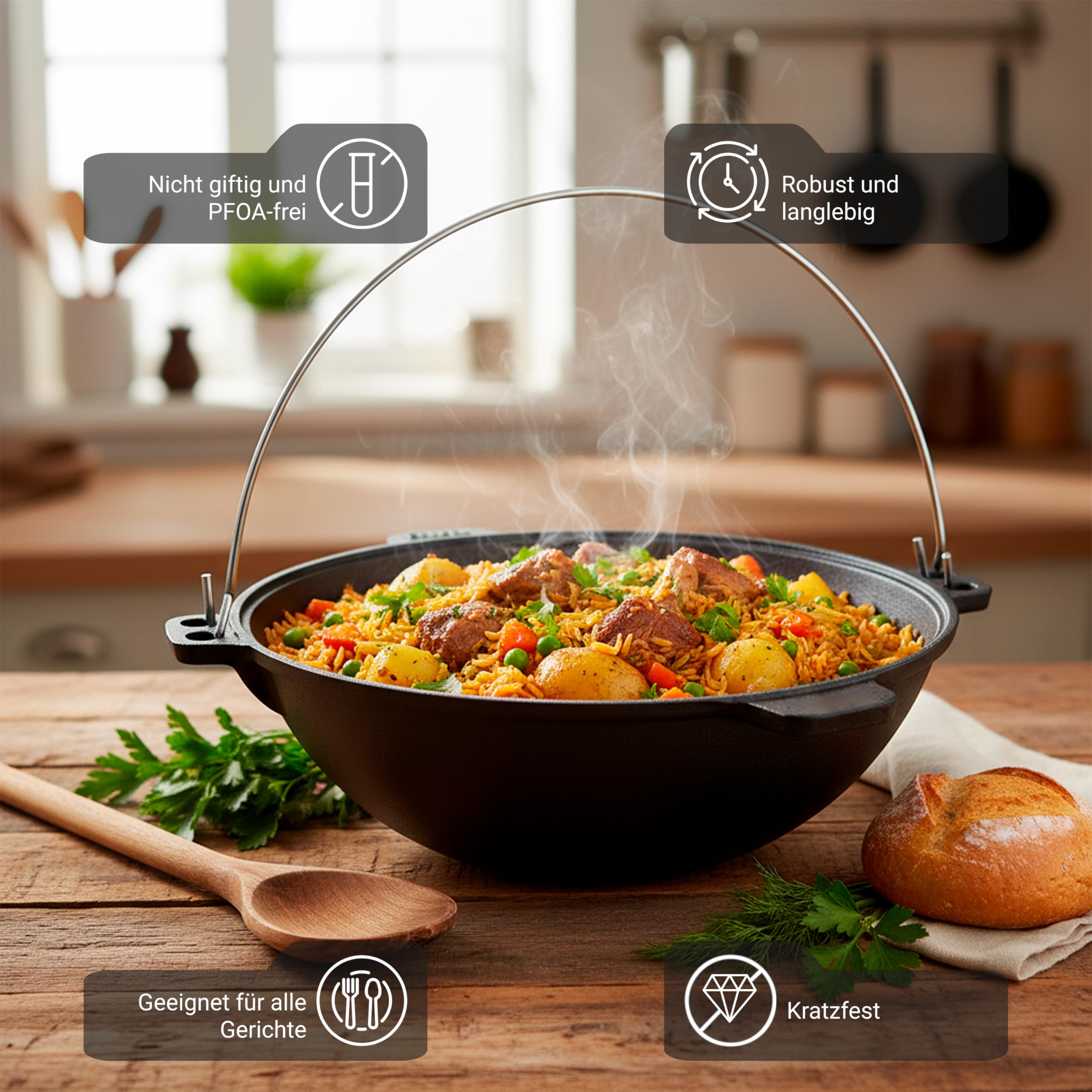 BIOL Kazan - Faitout en fonte - 9 l - Avec anse et couvercle en fonte - Quatre poignées - Pour cuisiner, mijoter, rôtir, frire, wok pour Plov, feu ouvert, camping, extérieur