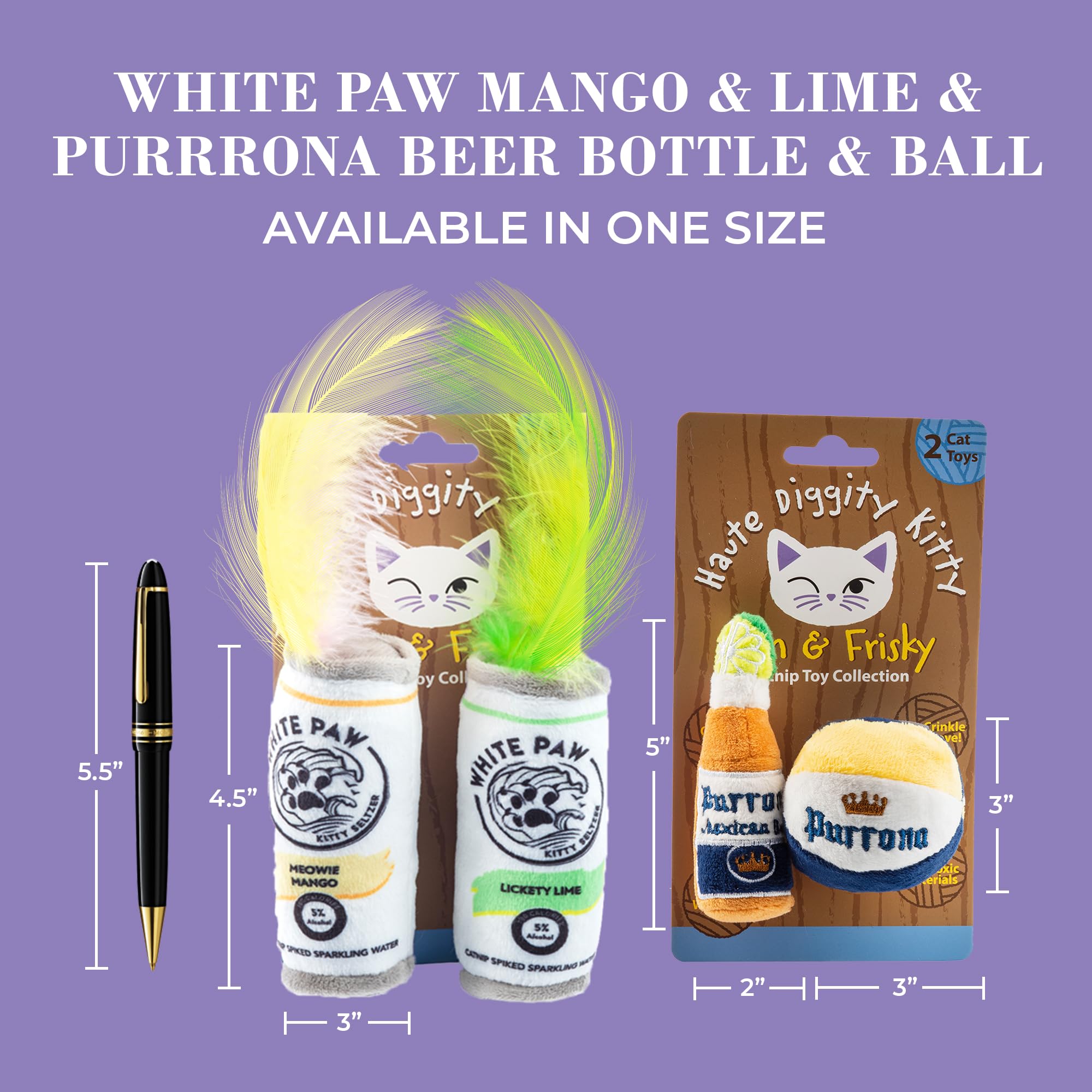 Haute Diggity Kitty Biała łapa mango i limonka + purrrona zestaw butelek piwa i piłek, pluszowe zabawki dla kota kocimiętka wypełniona interaktywnym dźwiękiem trzaskania, bezpieczne i trwałe zabawki