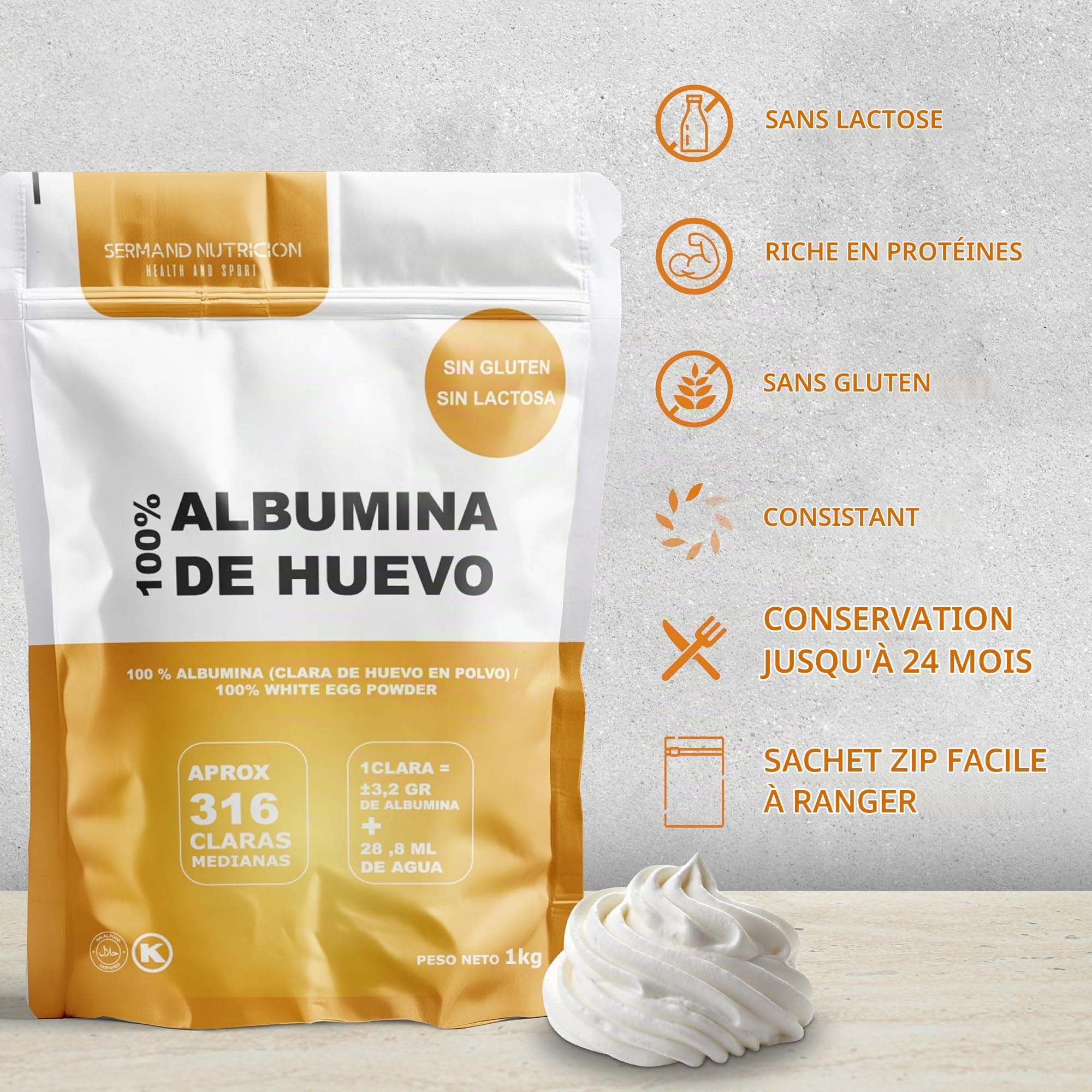 Blanc d'Œuf en Poudre pour Meringue (1Kg) | Œufs Pasteurisés | Œufs Déshydratés | Produits Sans Lactose | Sans Gluten | Présentation en Sachet Zip