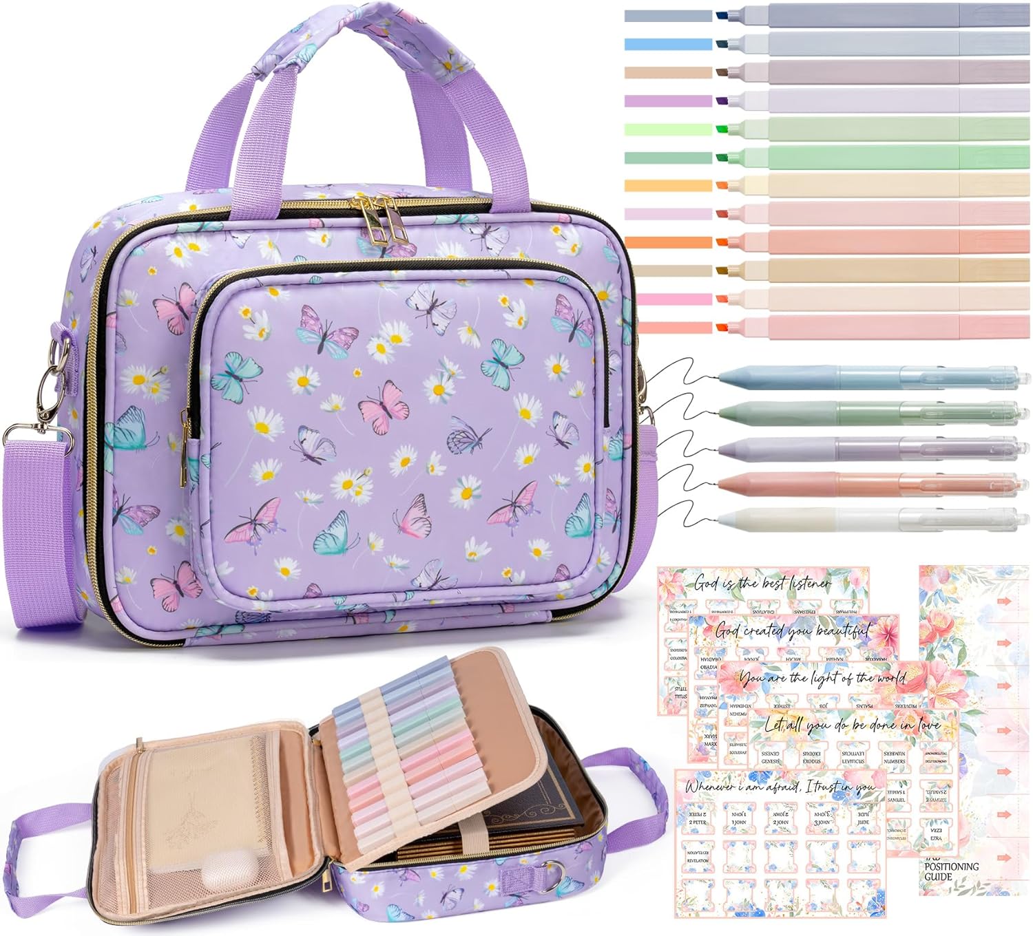 Bible Cover Case for Women, Large Bible Bag w/Shoulder Strap, Bible Study Supplies Journaling Kit Book Carrying Case with Pastel Highlighters 75 Tabs, Valentines Day Christian Gifts for Women Her Mom