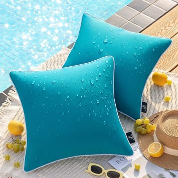 Phantoscope Pack of 2 Outdoor Waterproof Solid Throw Decorative Pillow Cover Decorative Square Outdoor Pillows Cushion Case Patio Pillows for Couch Tent, Teal Blue 18x18 inches 45x45 cm