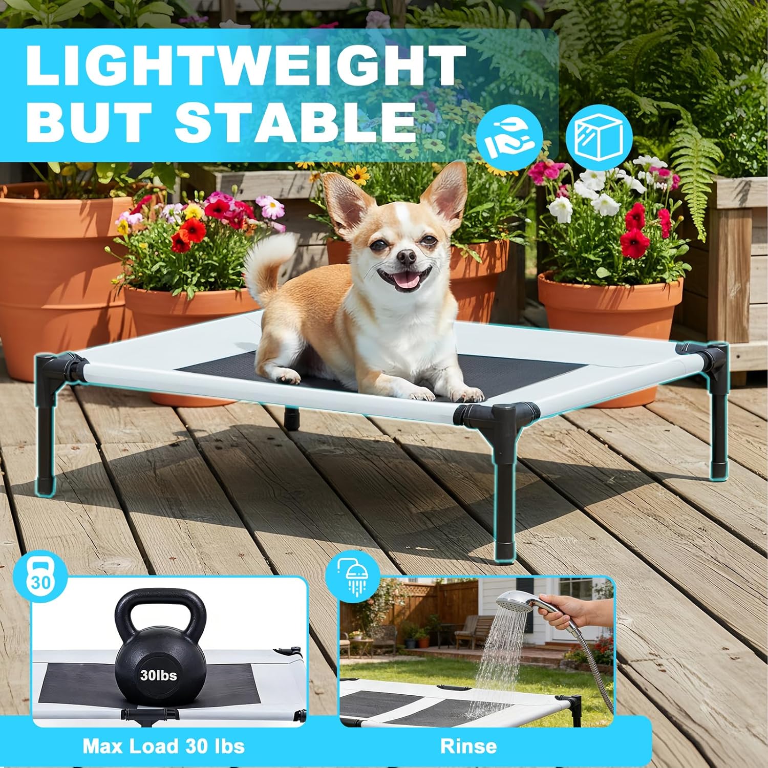 s/m/l outdoor elevated dog cot with canopy & side shade for camping small medium dogs (carry bag), portable cooling raised dog bed s (24" x 18" x 24") grey