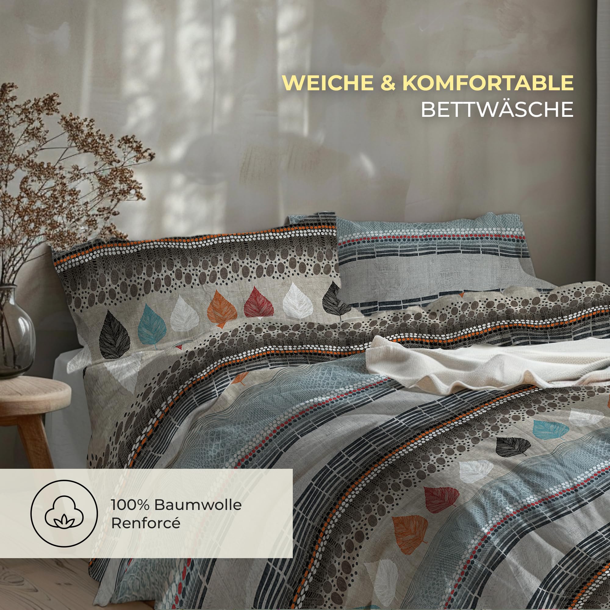 Biancheria da letto di alta qualità, 200 x 200 cm, 100% cotone traspirante con chiusura lampo, renforcé, marrone, blu, beige, 3 pezzi, copripiumino 200 x 200 cm + 2 federe 80 x 80 cm