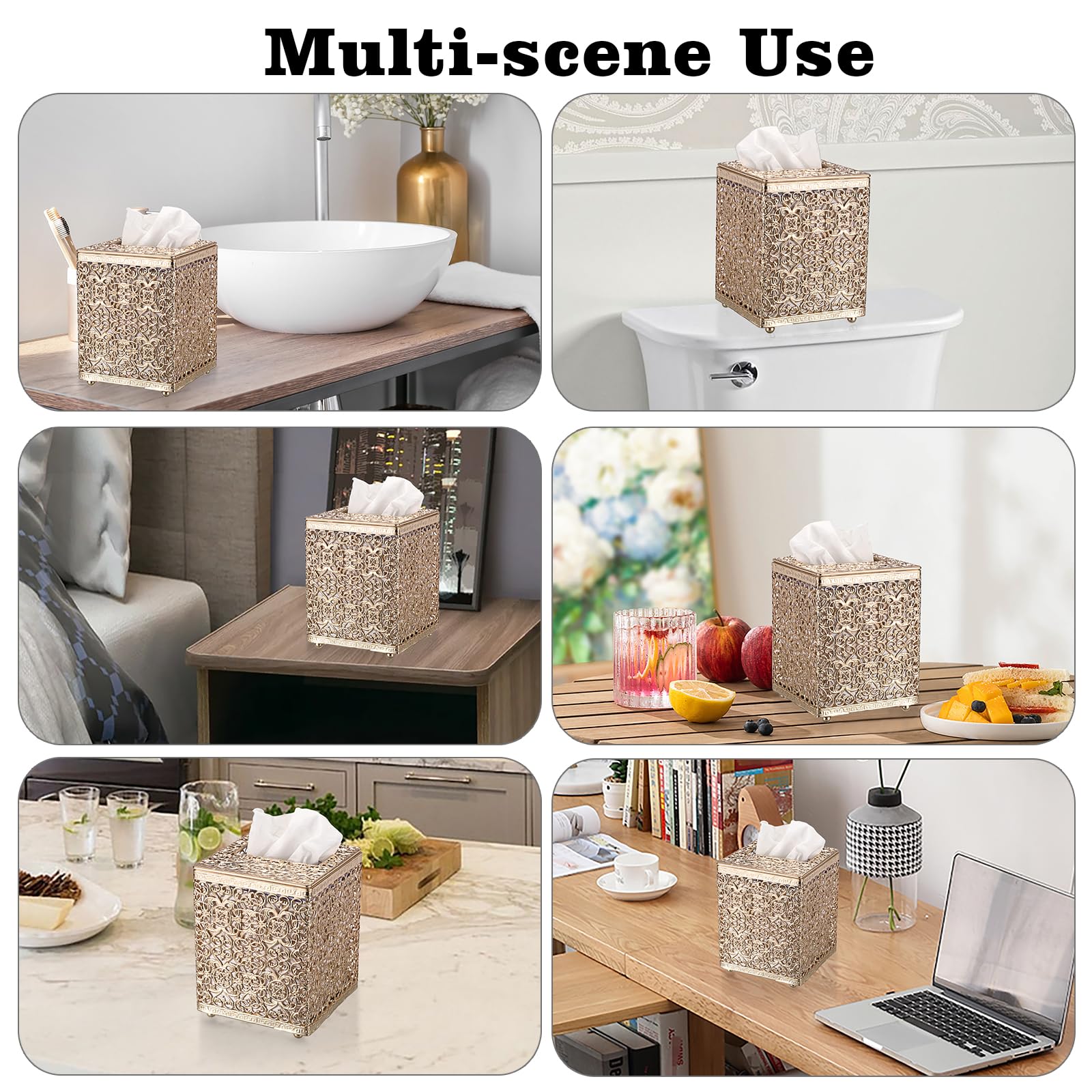 Sumnacon Stilvolle quadratische Taschentuchbox aus goldfarbenem Metall mit Deckel, robust und elegant, perfekt für Zuhause und Büro