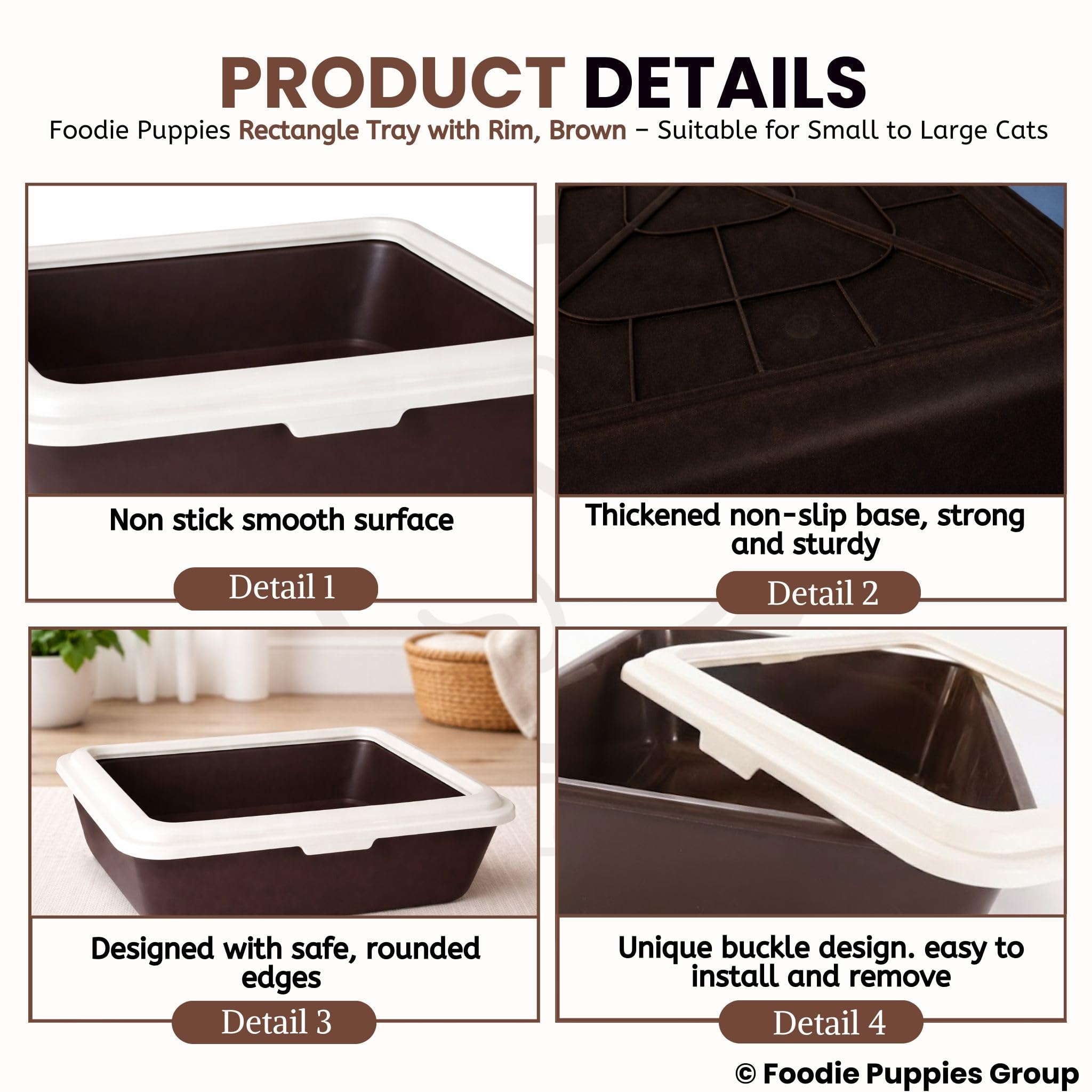 Foodie Puppies Rectangle Cat Litter Tray (Large (Brown) - 58 x 46 x 17 cm) with Rim, Reduces Odor, Perfect Starter for Toilet Training Your Kitten and Puppies 3