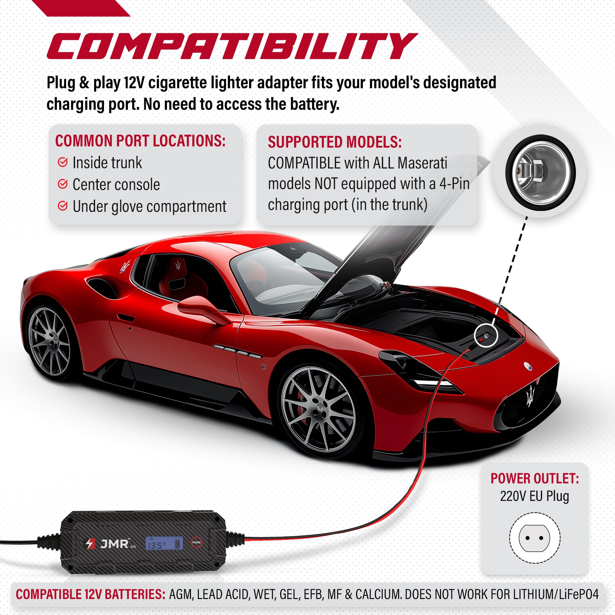 JMR Battery Charger for Maserati MC20 GranTurismo Levante Quattroporte Grecale Ghibli GranCabrio All Models Trickle Charger Conditioner Maintainer (12V Cig Port, No Lithium Mode)