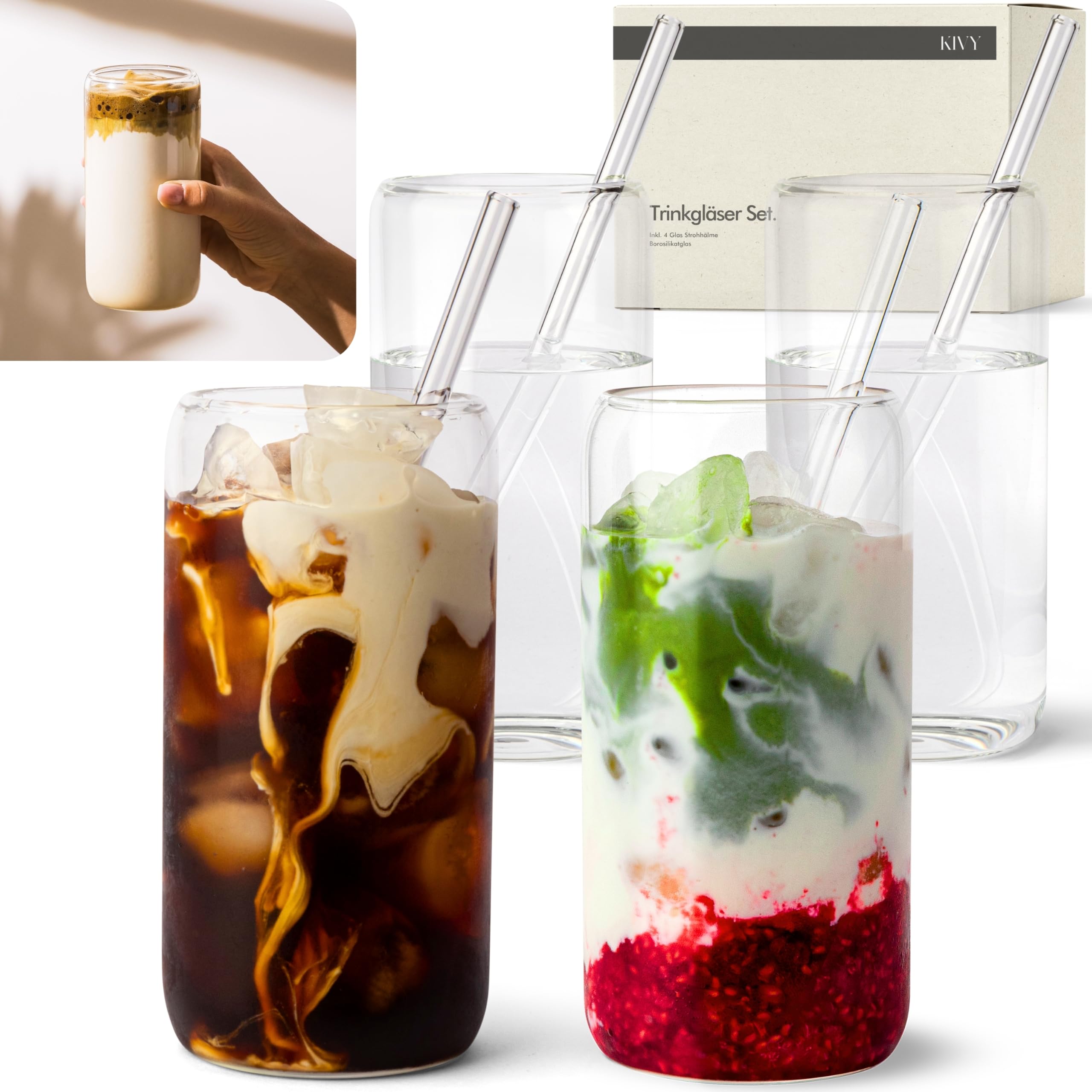 KIVY Trinkgläser Set mit Glas Strohhalm [4x 450ml] Eiskaffee, Wasser & Matcha Glas - Longdrinkgläser Set - Kaffee & Matcha Gläser - Kaffeegläser - Latte Macchiato Gläser - Hohe Cocktailgläser