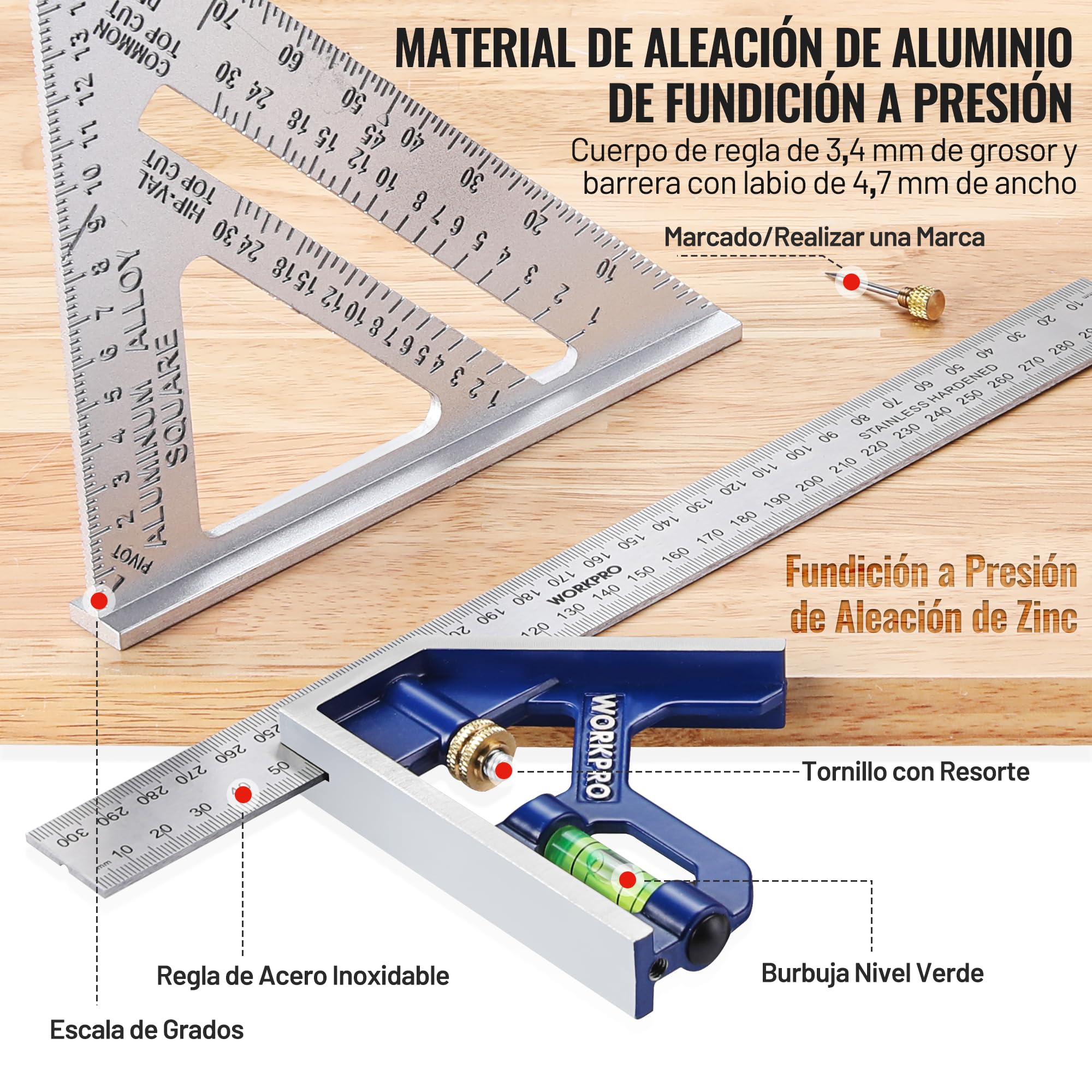 WORKPRO Escuadra Combinada Ajustable 300mm y Regla de Triángulo 180mm, 2 Piezas Escuadra de Carpintería en Métrica, Cuadrado de Combinación, Juego de Herramienta de Medición para Carpintería
