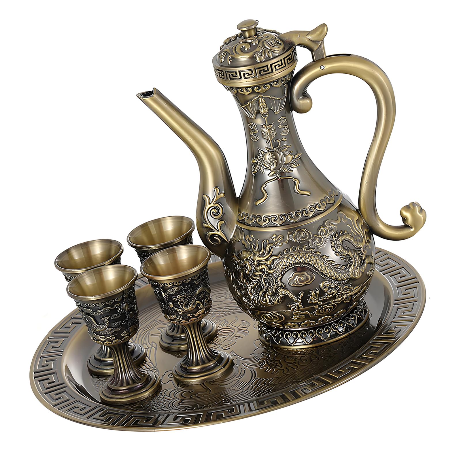 Holiday Hosting Spirits Serving Set, Zinc Alloy Liquor Decanter Drinkware with Curved Handle for Decorative Table Presentation and Home Use Liquor Decanter Set Dragon Embossed Zinc Alloy Drinkware