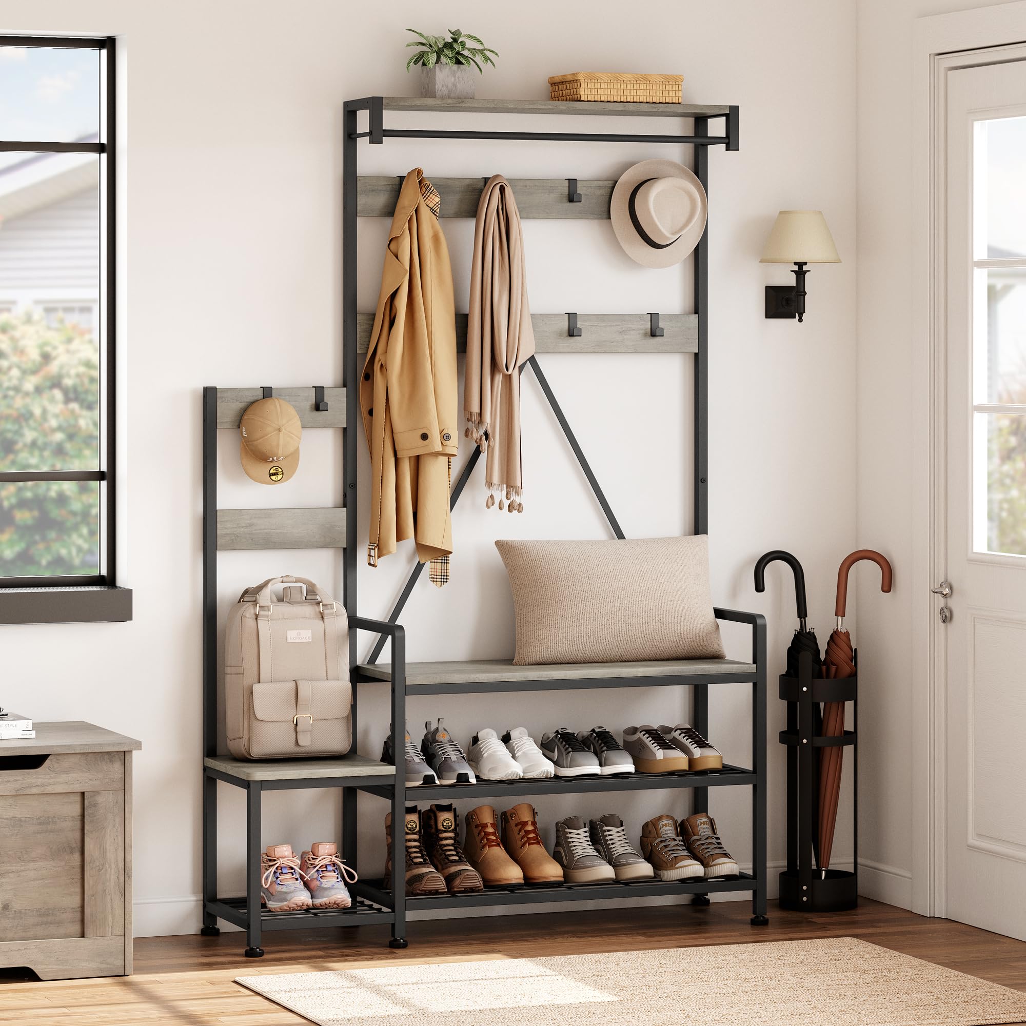 GarveeMore Industrial Hall Tree with Shoe Storage Bench, 4-in-1 Entryway Organiser with Coat Racks & Shelves, Parent-Child Design Entry Bench for Hallway Living Room Home Organisation,Grey