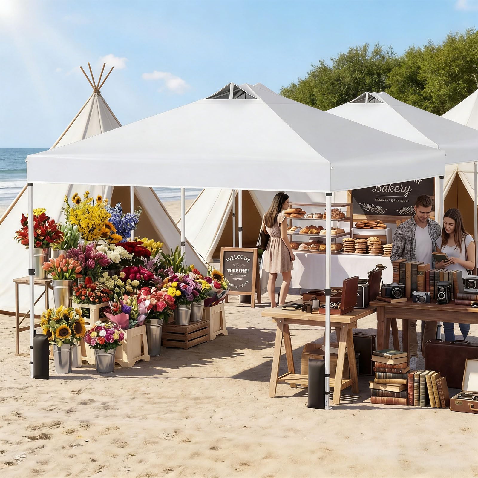 RELAX4LIFE Tonnelle Pliante 3x3 Pop-up, Barnum Pliant 3x3 Facile à Monter, Anti-UV UPF50+, Cadre Métallique, Sacs de Sable, Portable avec Sac à roulettes, pour Camping Marché Événements (Blanc)