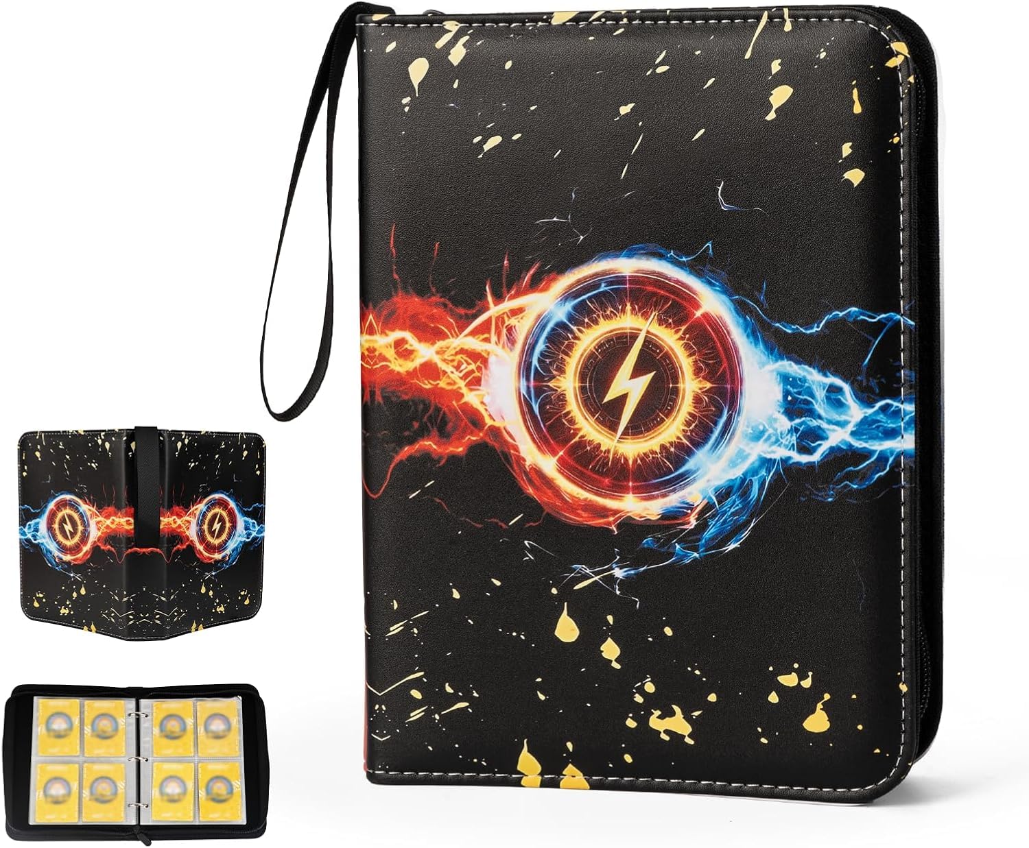 Card Binder Storage, 400 Card Capacity Collection Album with Zipper & Wrist Strap, Waterproof PU Leather Card Holder - Trading Card Albums Collection Binder for Kids Adult Gifts (Black Blue& Red)