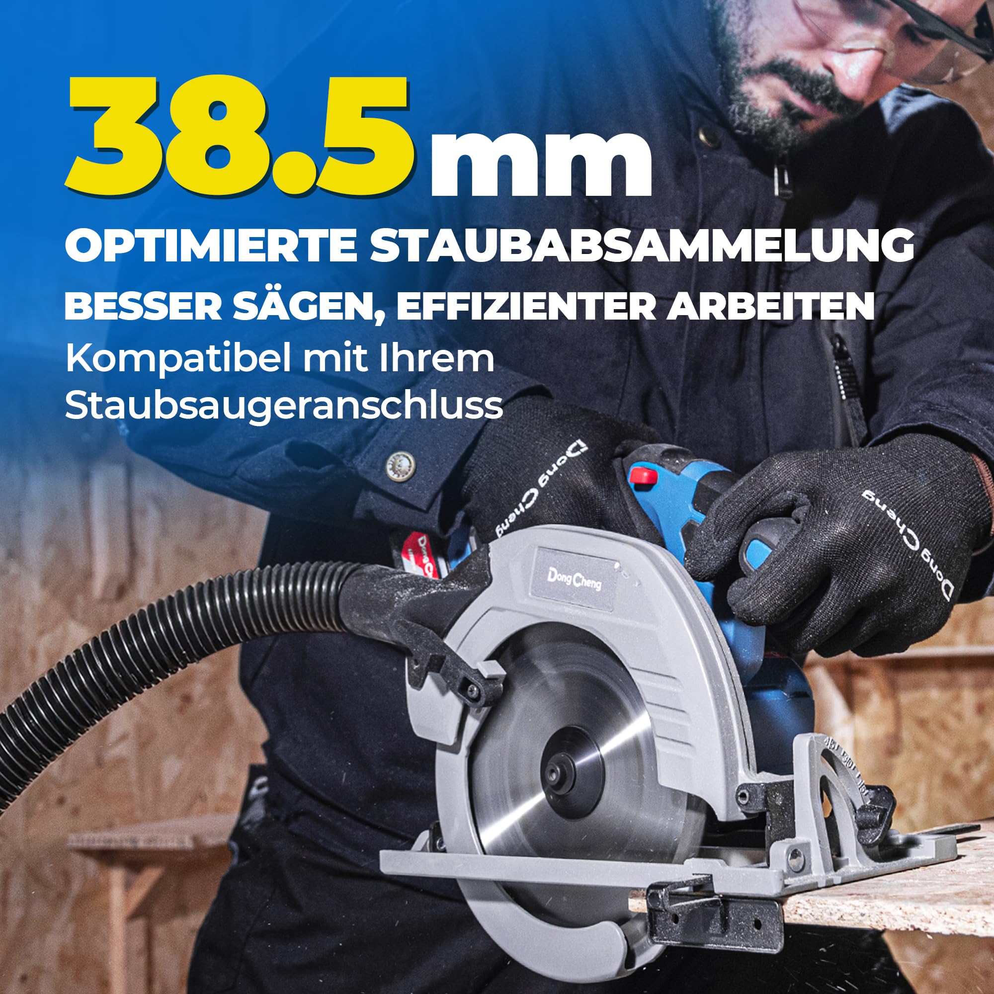 Dong Cheng 20V Sierra circular inalámbrica sin escobillas 185mm, 5000 RPM, capacidad de corte 65mm(90°)/45mm(45°), incl. 3 hojas de sierra 185x20mm, maletín de almacenamiento, batería y cargador