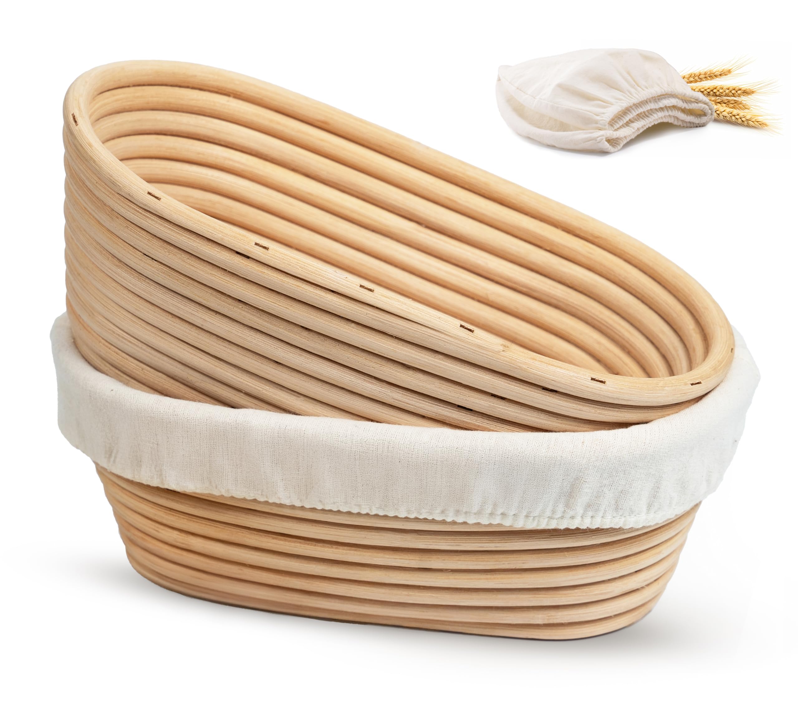 Kook Banneton Brotgärkörbe, handwerkliche Sauerteig-Brotherstellungskörbe, 24 cm, handgewebte Rattankörbe und Stoffeinlagen, oval, 2 Stück