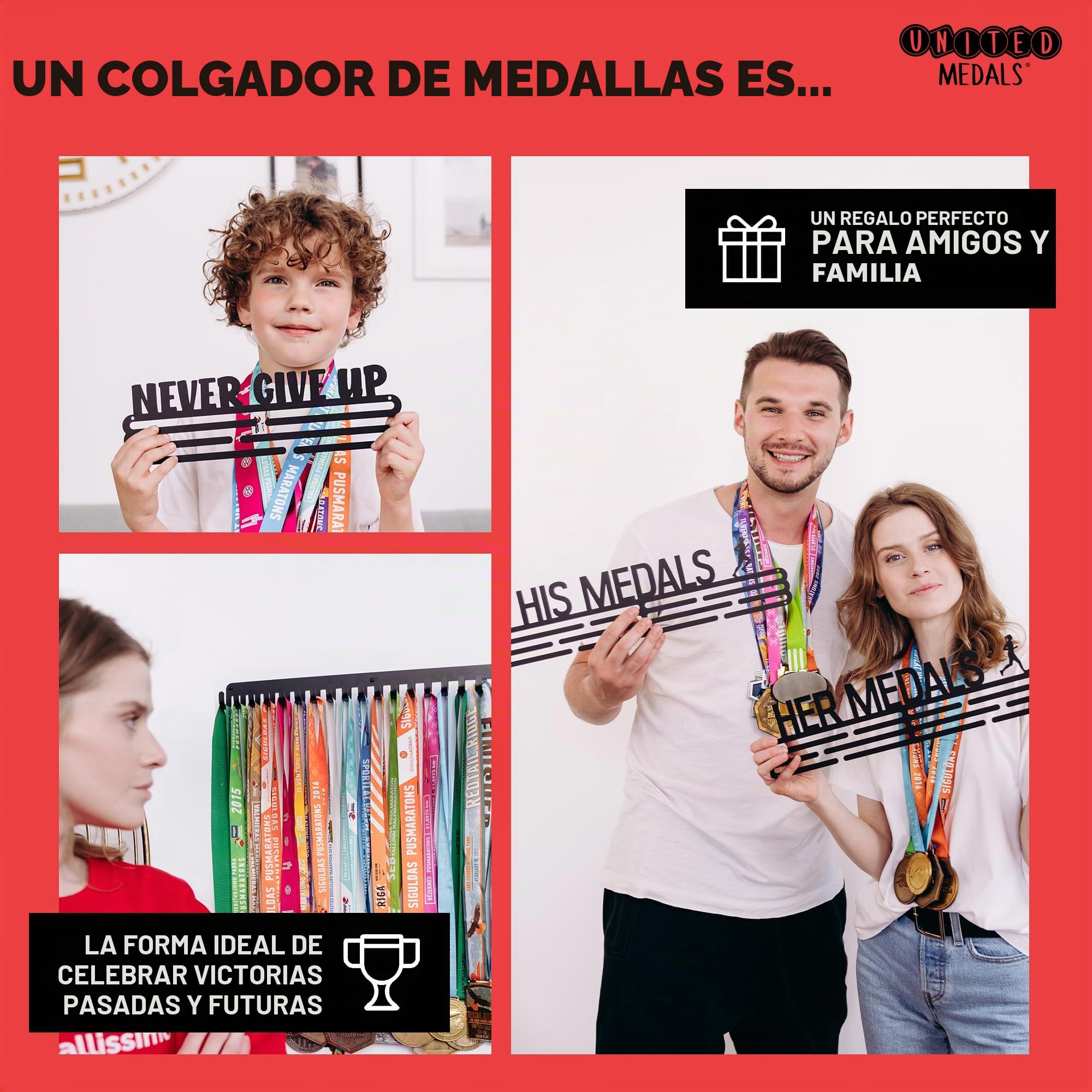 Colgador de medallas, en blanco con estante de bambú natural