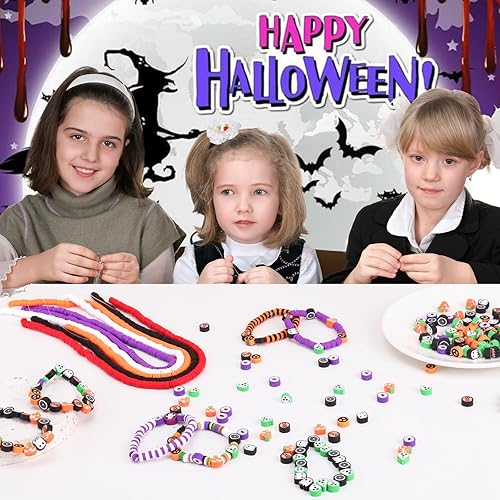 Miniatura 6 de QUEFE 3600 cuentas de arcilla de Halloween, 10 hebras, cuentas de arcilla polimérica para hacer joyas, con 150 dijes de arcilla de Halloween para