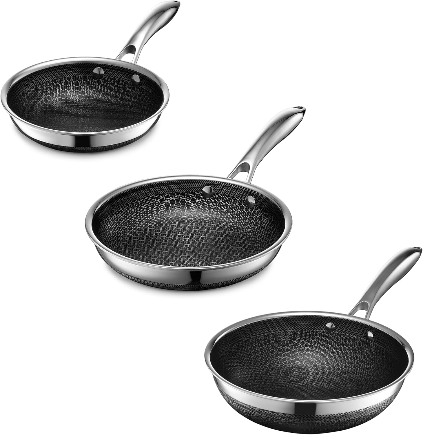 HexClad Hybrid Nonstick 3-Piece Cookware Set, 7" Pan, 10" Pan, and 10" Wok, Stay-Cool Handles, Dishwasher and Oven-Safe, Induction Ready, Compatible with All Cooktops