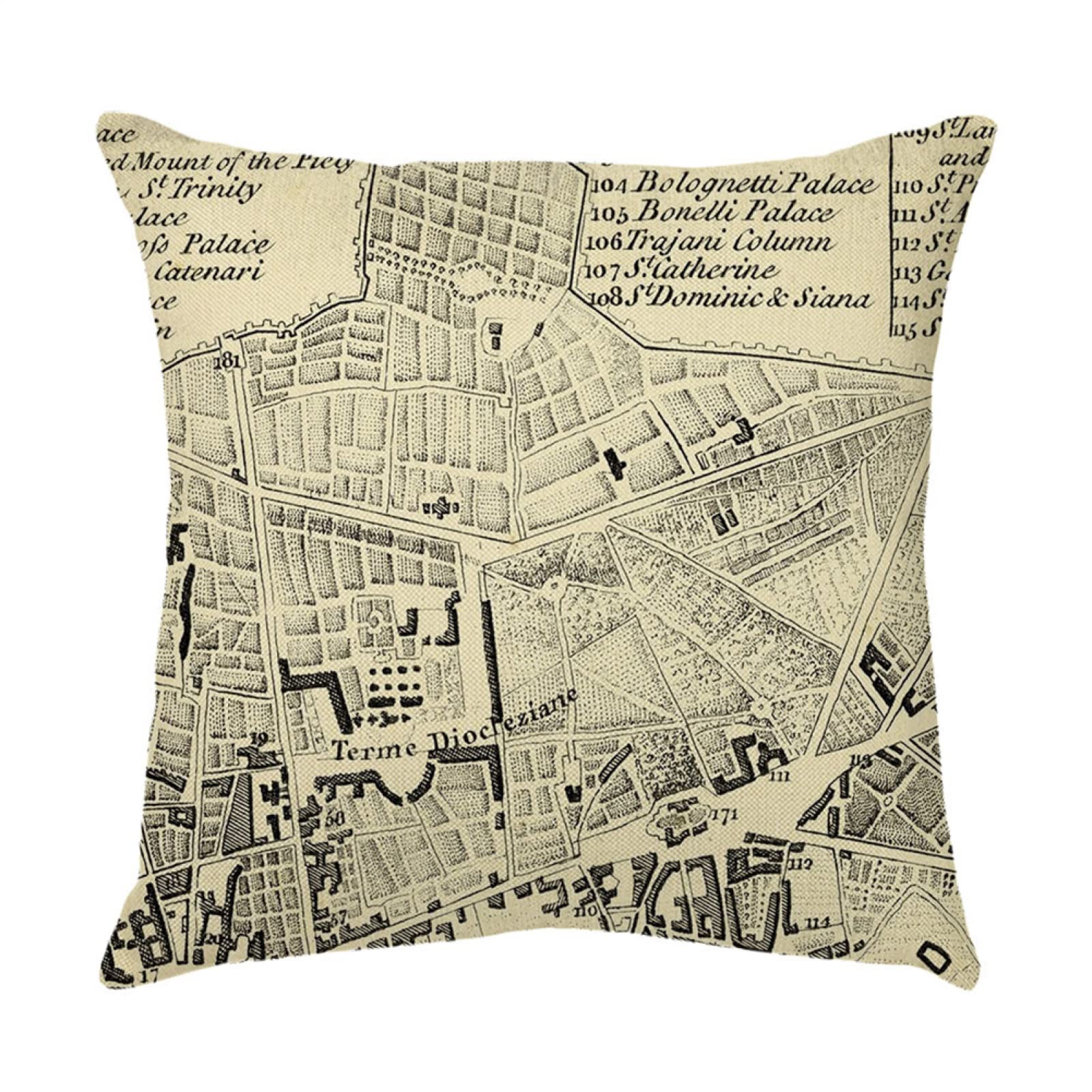 Zestaw 4 poszewek na poduszkę, retro charakter mapa poszewka na poduszkę lniana poszewka na poduszkę miękki poliester do domu salonu sofa ogród kanapa samochód (podwójny nadruk) 80 x 80 cm