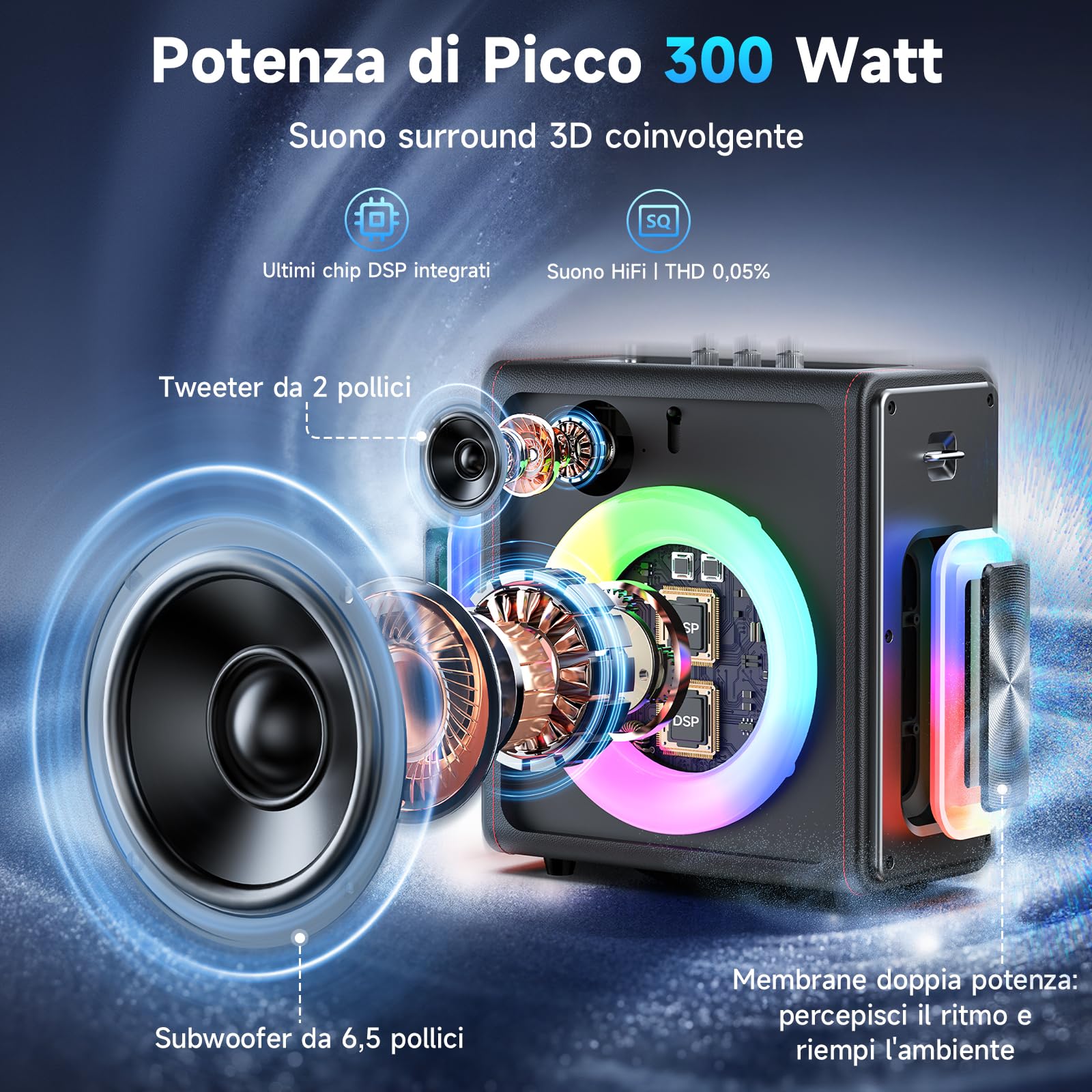 HWWR Karaoke con 3 Microfono Wireless, 120W cassa Bluetooth 5.3 Portatile con Subwoofer Aggiornato per Adulti, sistema PA con regolazione dell'eco, supporto TWS/TF Card/USB/AUX/Live