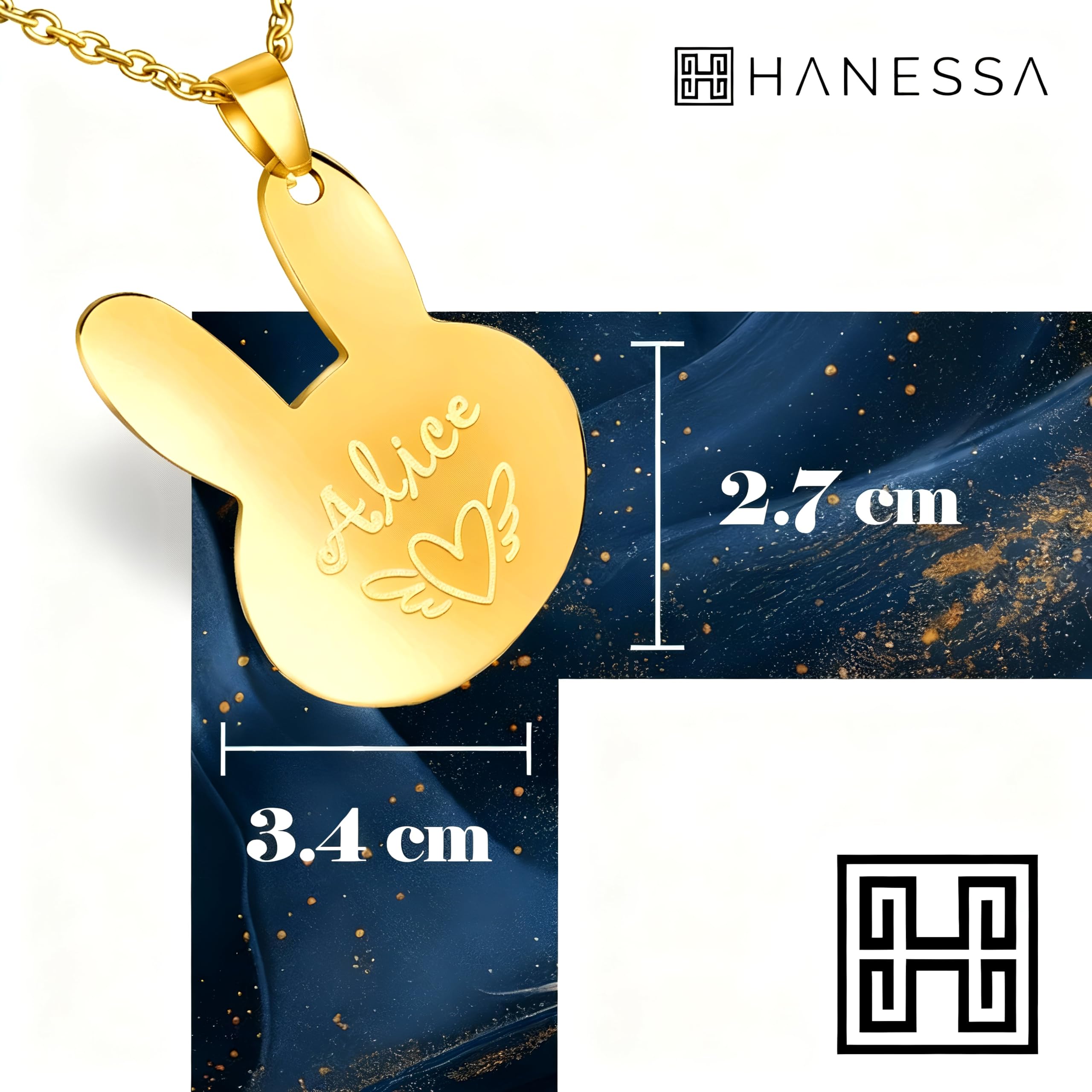 Personalisierte Kette mit Gravur Edelstahl 50 cm mit Anhänger Hase Bunny in gold - Personalisierte Halskette für Männer und Frauen - Personalisierter Schmuck Damen Herren