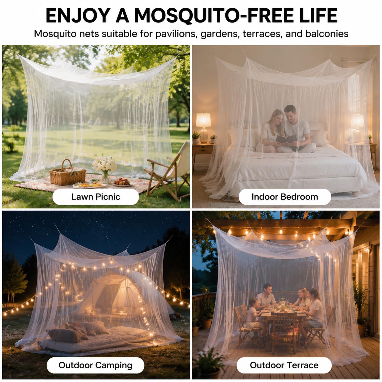 Moskitonetz Bett mit 1 Tür, Moskitonetz Camping Extra groß, Mückennetz Bett Geeignet für Pavillons, Gärten, Terrassen und Camping (Weiß)