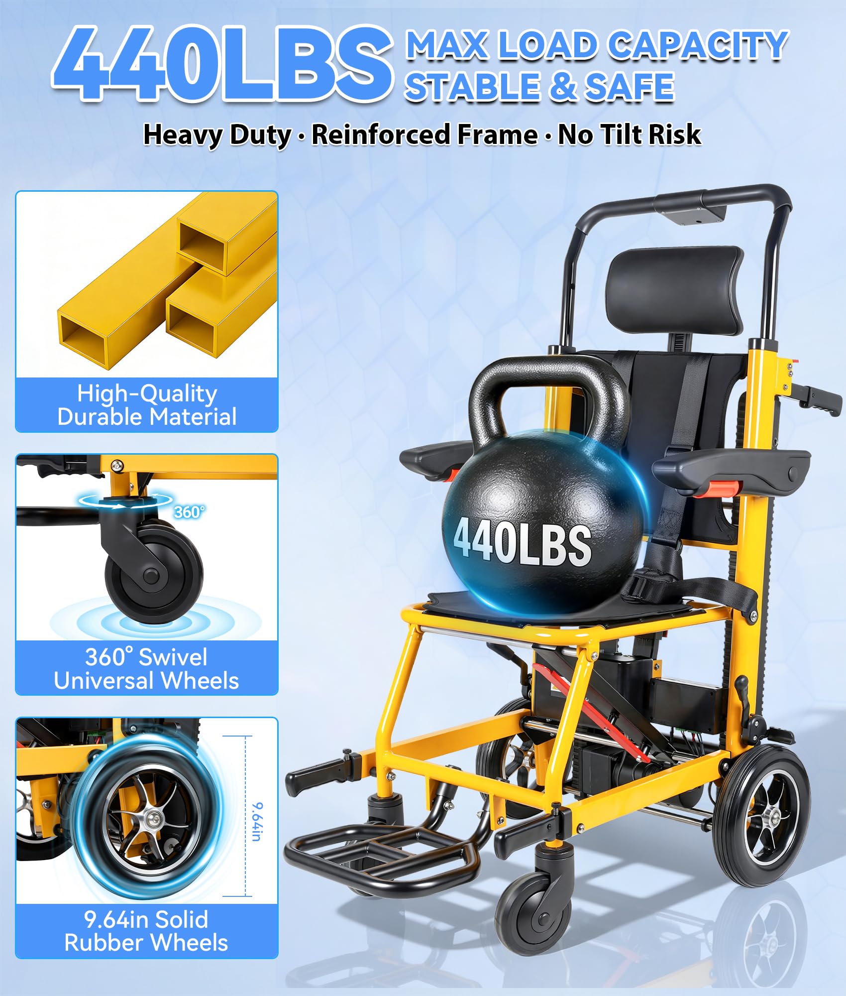 Elektrischer Treppensteiger Rollstuhl Faltbar mit Gummikette, 200KG Elektrischer Treppenlift Stuhl, Rollstuhl Faltbar Treppen Mobilitätshilfe mit LED, Medizinische Rettungstrage für Senioren (Gelb)